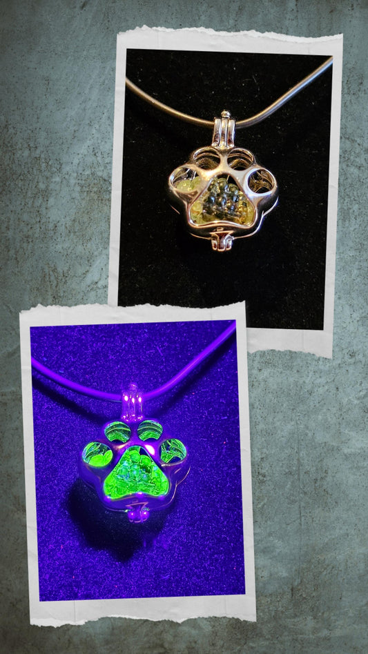 Uranium Glass Pendant new Sterling Silver Puppy Paw with vintage 12x8 Pineapple bead + extra Uranium Glass that glows under black/UV light