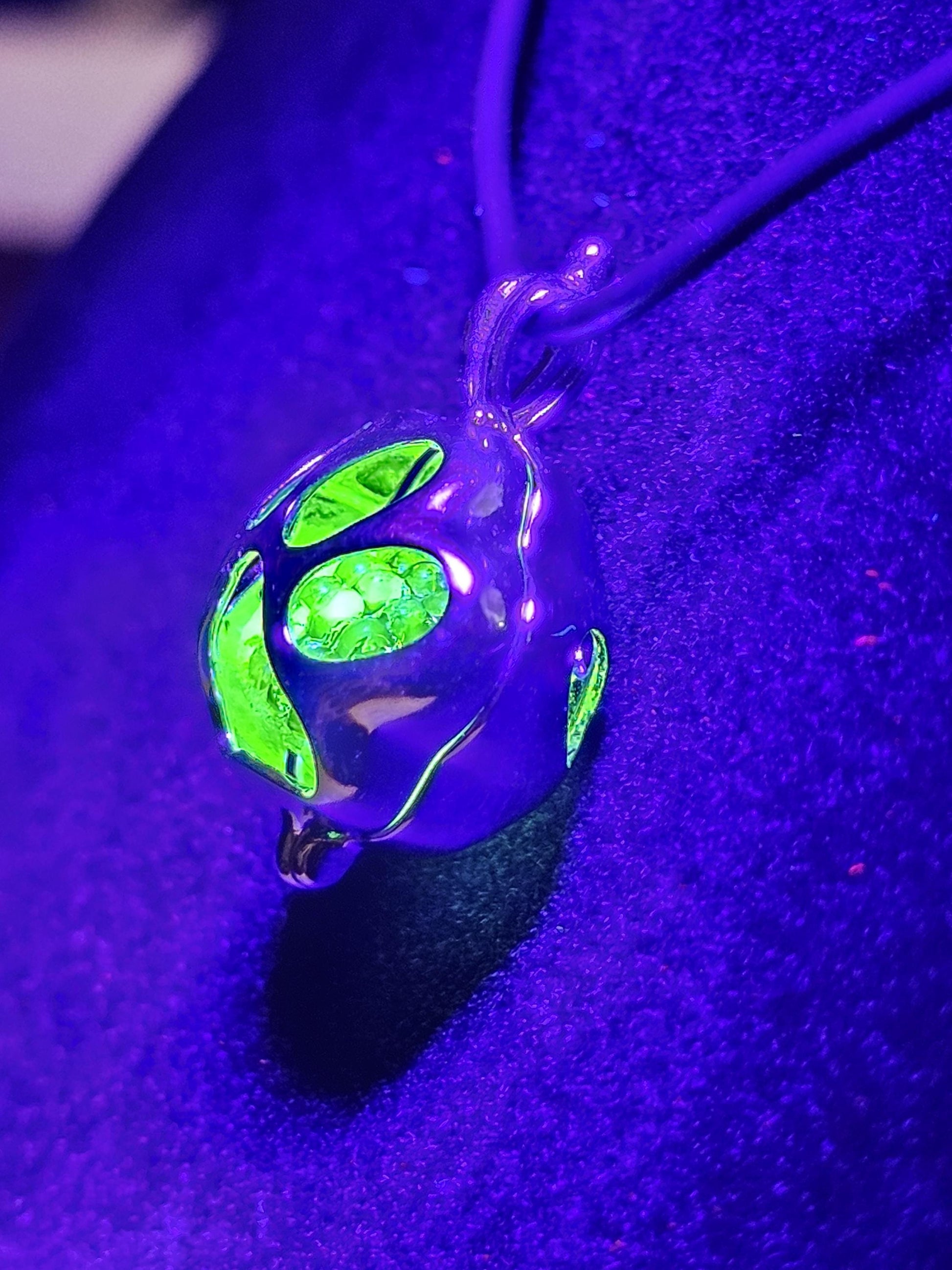 Uranium Glass Pendant new Sterling Silver Puppy Paw with vintage 12x8 Pineapple bead + extra Uranium Glass that glows under black/UV light