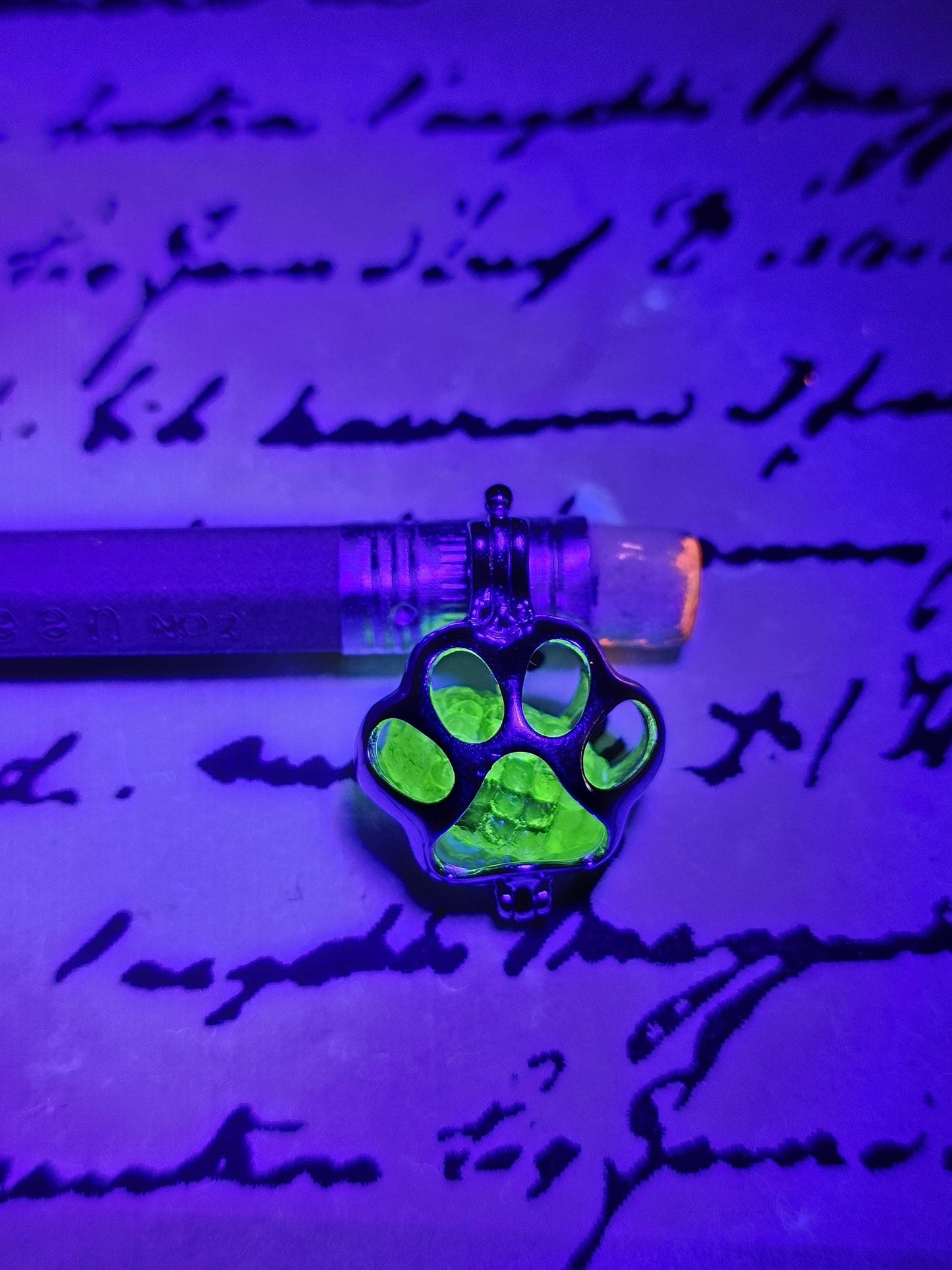 Uranium Glass Pendant new Sterling Silver Puppy Paw with vintage 12x8 Pineapple bead + extra Uranium Glass that glows under black/UV light