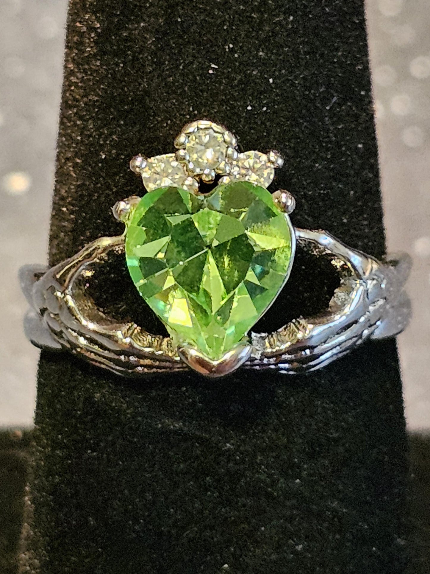 Uranium Glass Heart cut Claddagh Ring in size 7 new Silver plated with a vintage Uranium glass stone that glows under black/UV light
