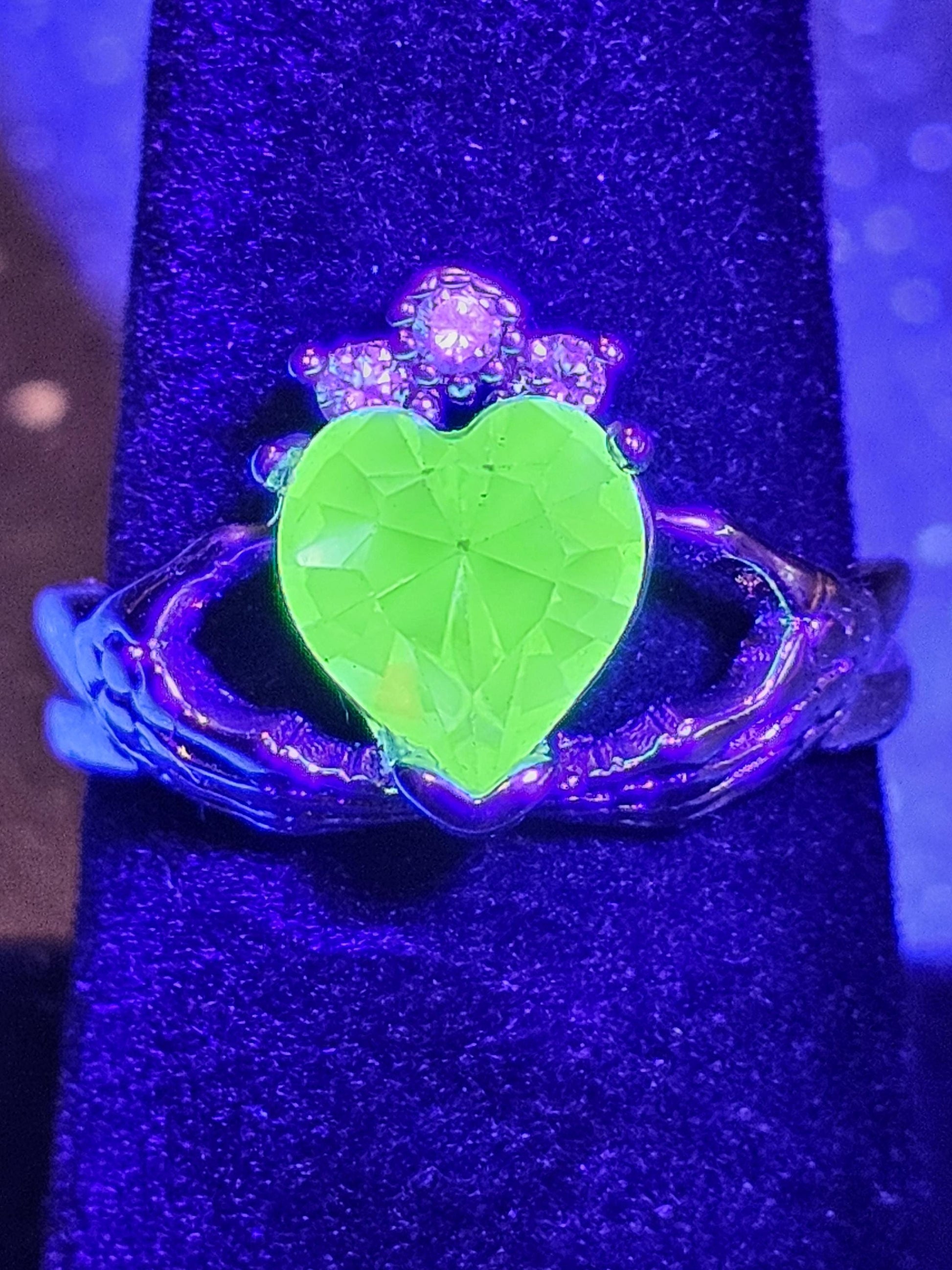 Uranium Glass Heart cut Claddagh Ring in size 7 new Silver plated with a vintage Uranium glass stone that glows under black/UV light