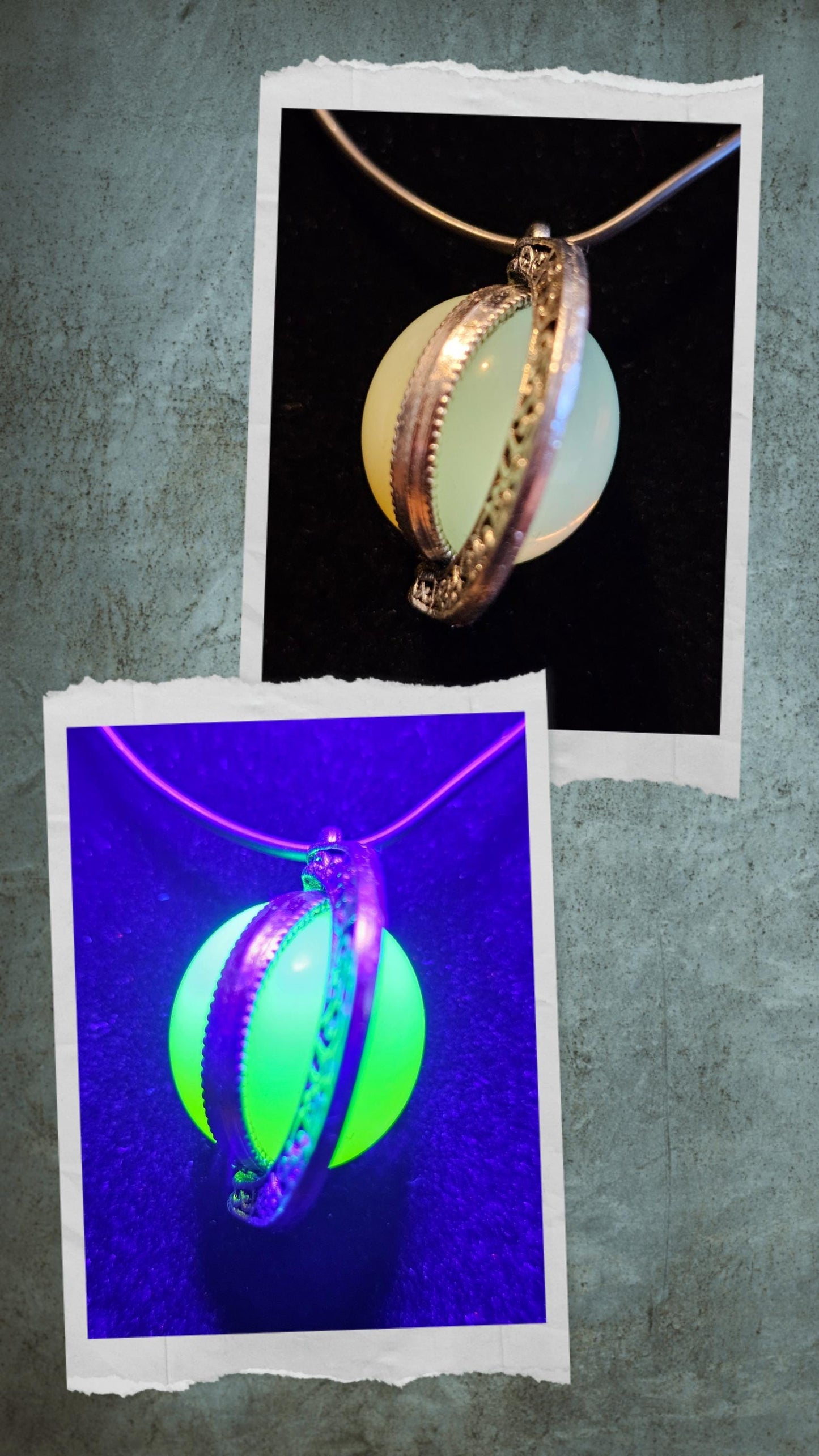 Uranium Glass "Moon" Pendant new Zinc alloy with two vintage 18 mm round cut Uranium Glass Cabochon stones that glow under black / UV light