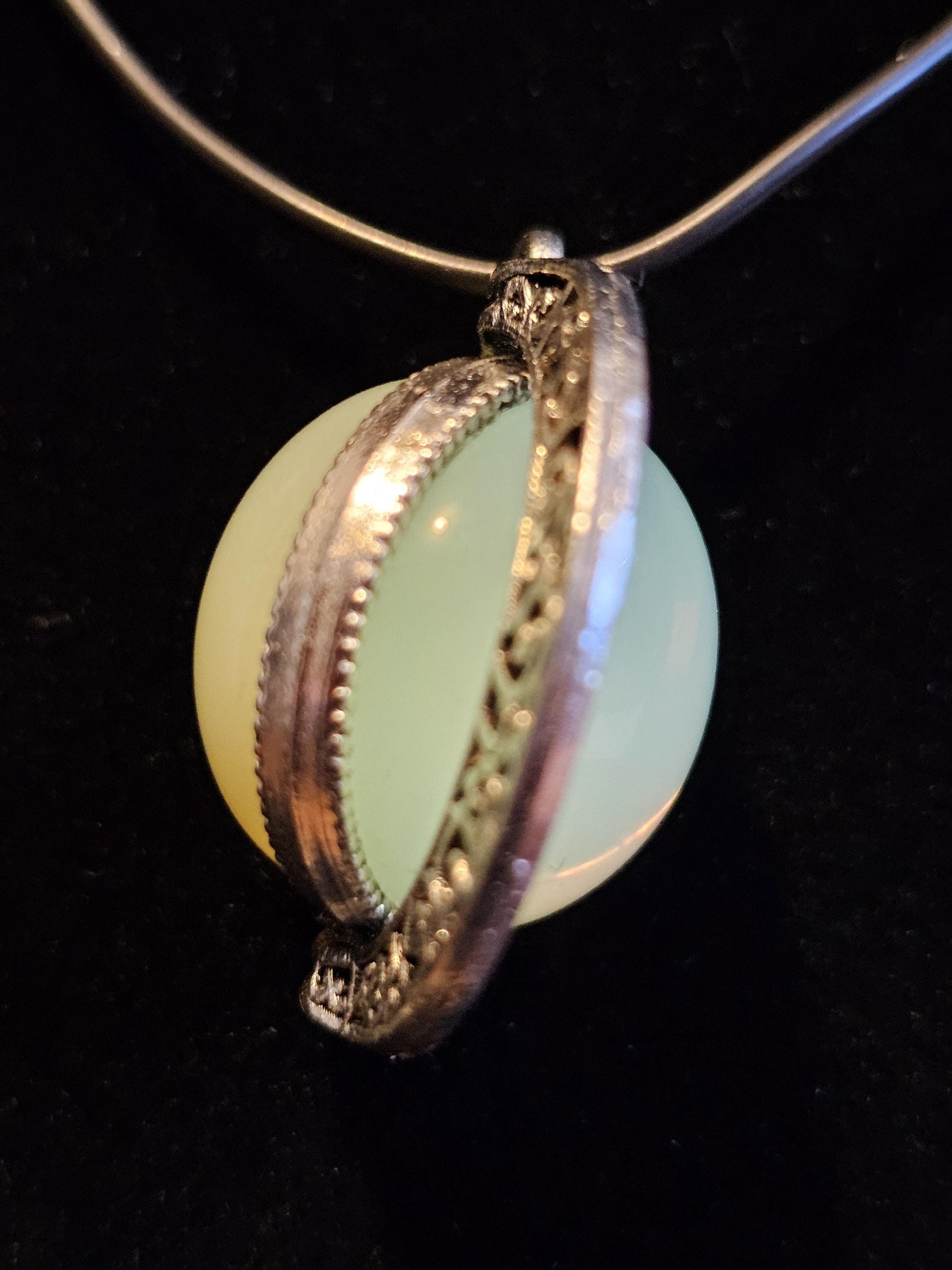 Uranium Glass "Moon" Pendant new Zinc alloy with two vintage 18 mm round cut Uranium Glass Cabochon stones that glow under black / UV light