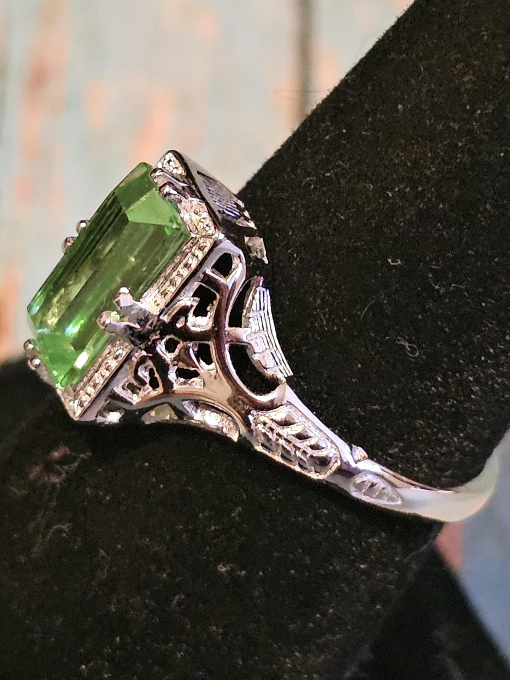 Uranium Glass Baguette cut Ring Art Deco style size 7 new Sterling Silver with vintage Uranium glass stones that glows under black/UV light