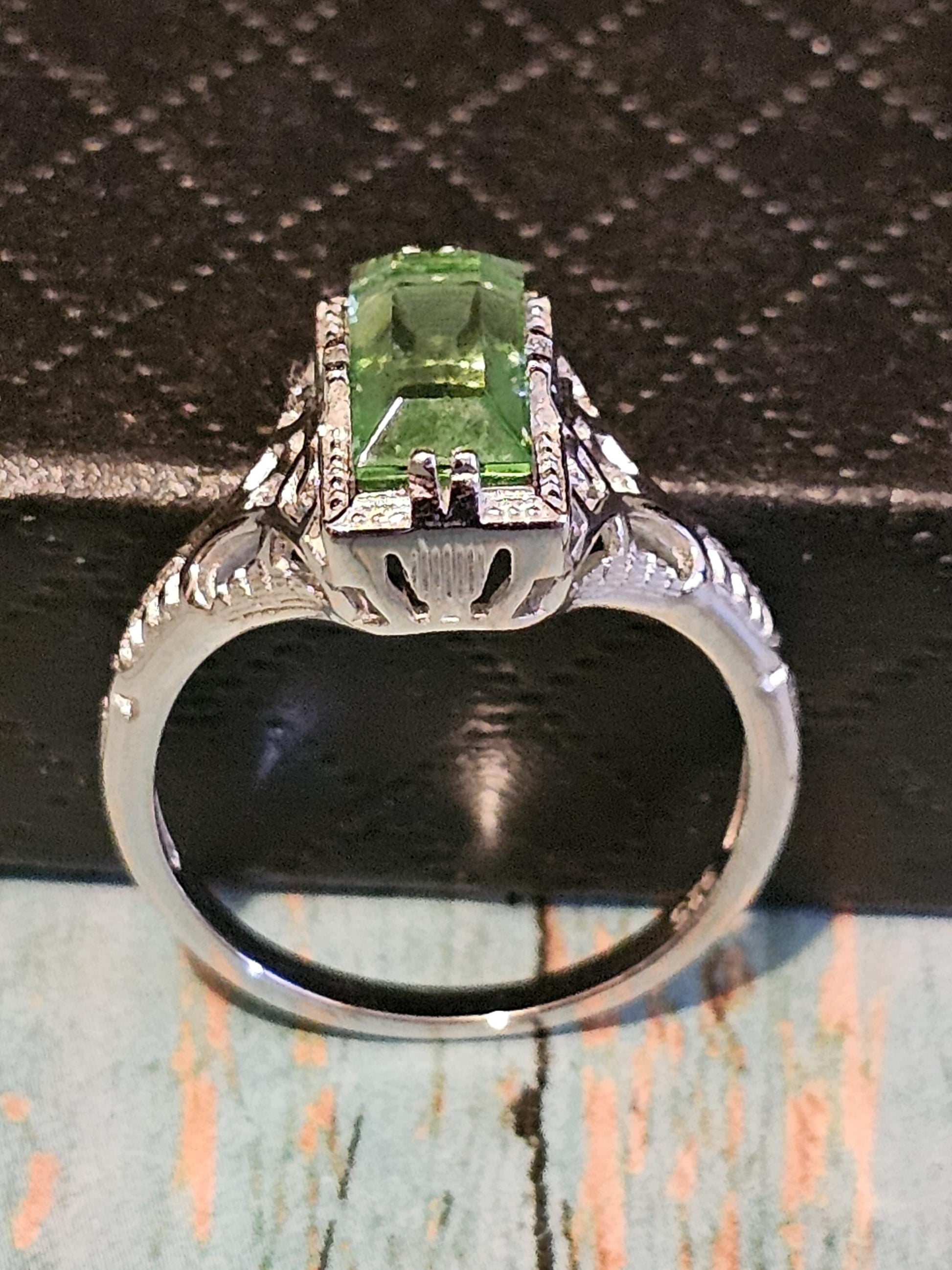 Uranium Glass Baguette cut Ring Art Deco style size 7 new Sterling Silver with vintage Uranium glass stones that glows under black/UV light