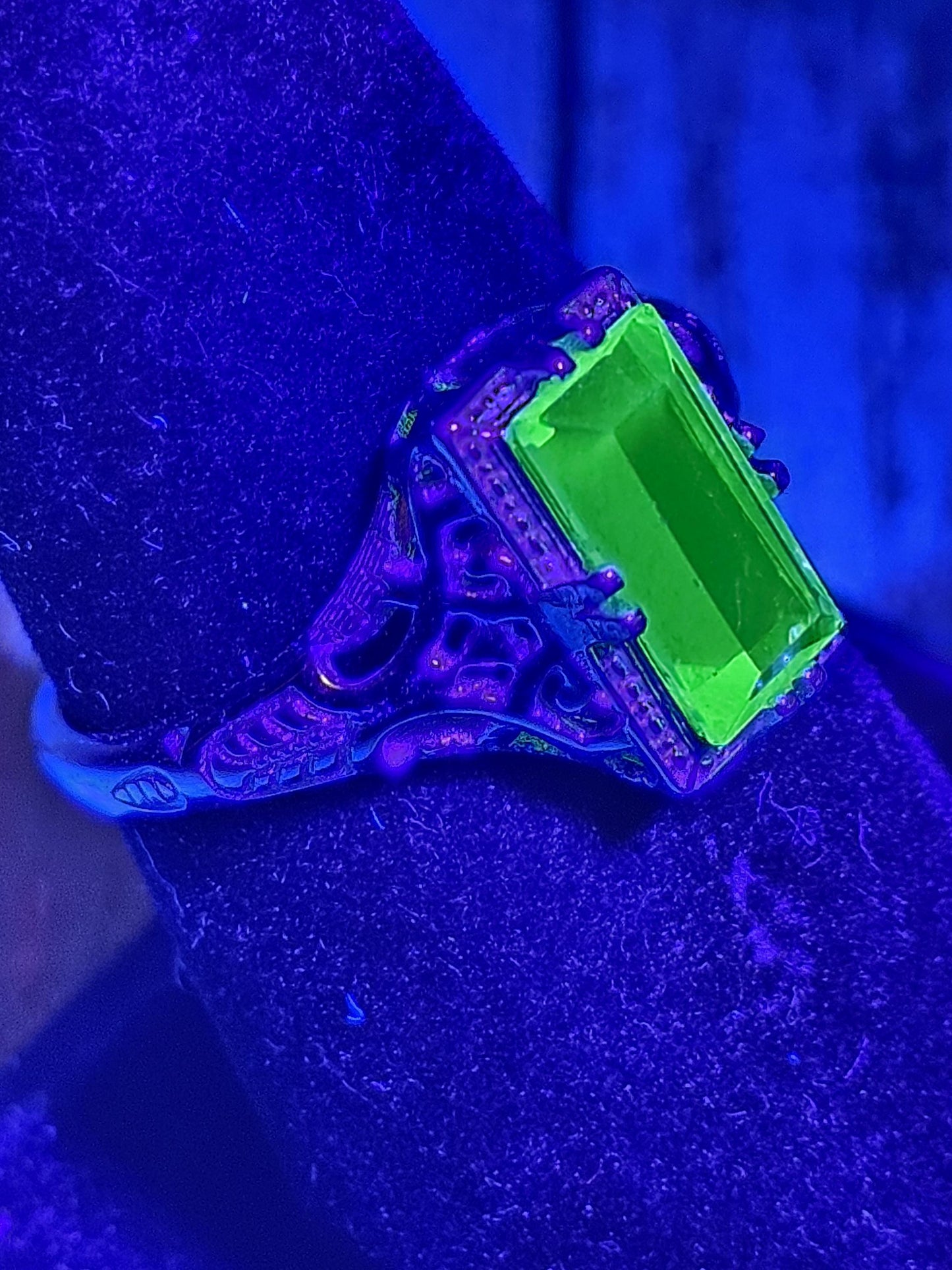 Uranium Glass Baguette cut Ring Art Deco style size 7 new Sterling Silver with vintage Uranium glass stones that glows under black/UV light