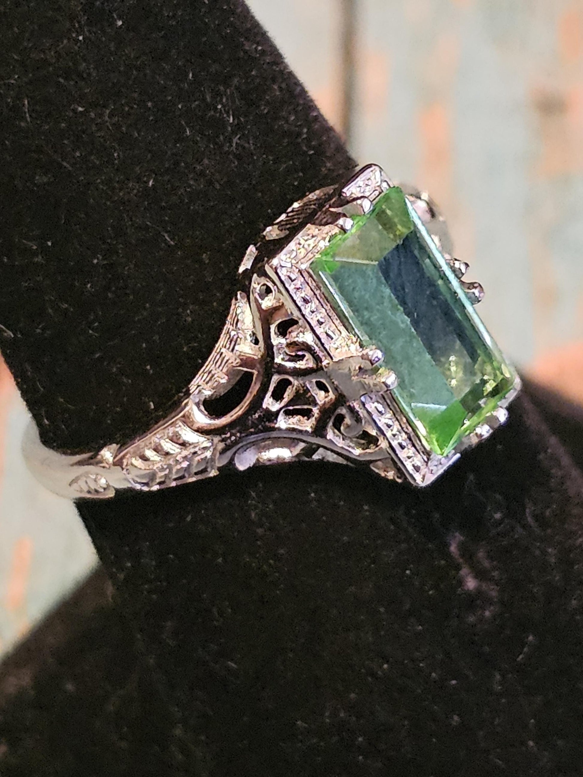 Uranium Glass Baguette cut Ring Art Deco style size 7 new Sterling Silver with vintage Uranium glass stones that glows under black/UV light