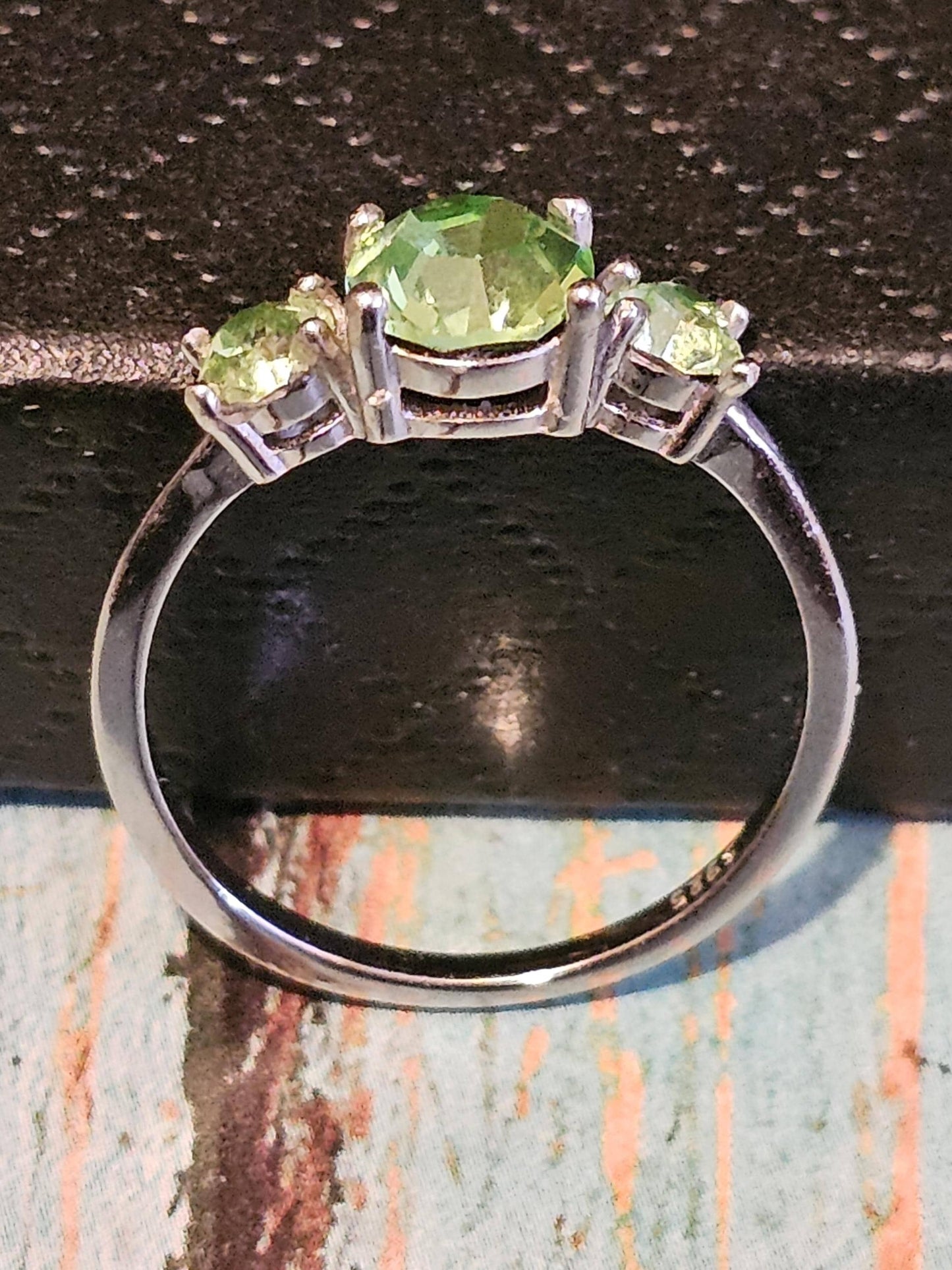 Uranium Glass Round cut Ring size 6, 7, 8, 9, or 10 new Sterling Silver with 3 vintage Uranium glass stones that glows under black/UV light