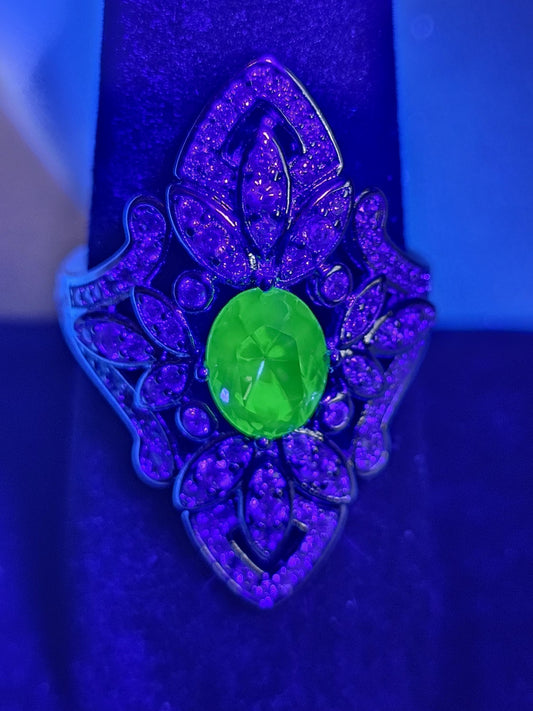 Uranium Glass Oval cut Ring, Shield style, 6 to 10 in new Sterling Silver with a vintage Uranium glass stone that glows under black/UV light