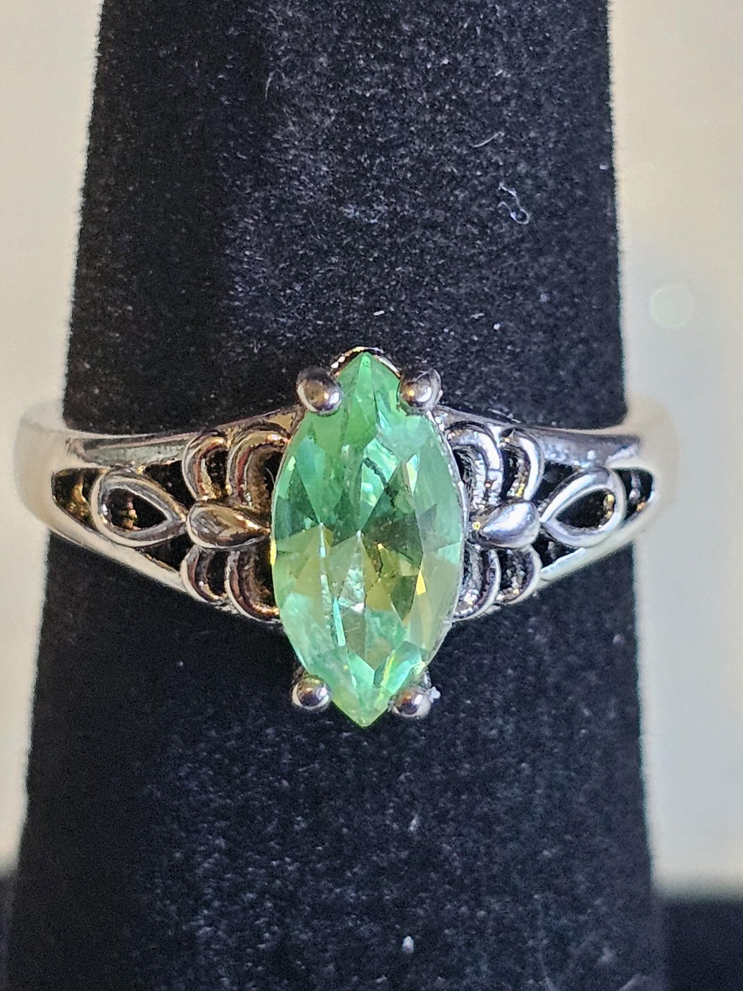 Uranium Glass Marquise cut Ring Size 5 scorpion pattern Sterling Silver with a vintage Uranium glass stone that glows under black/UV light