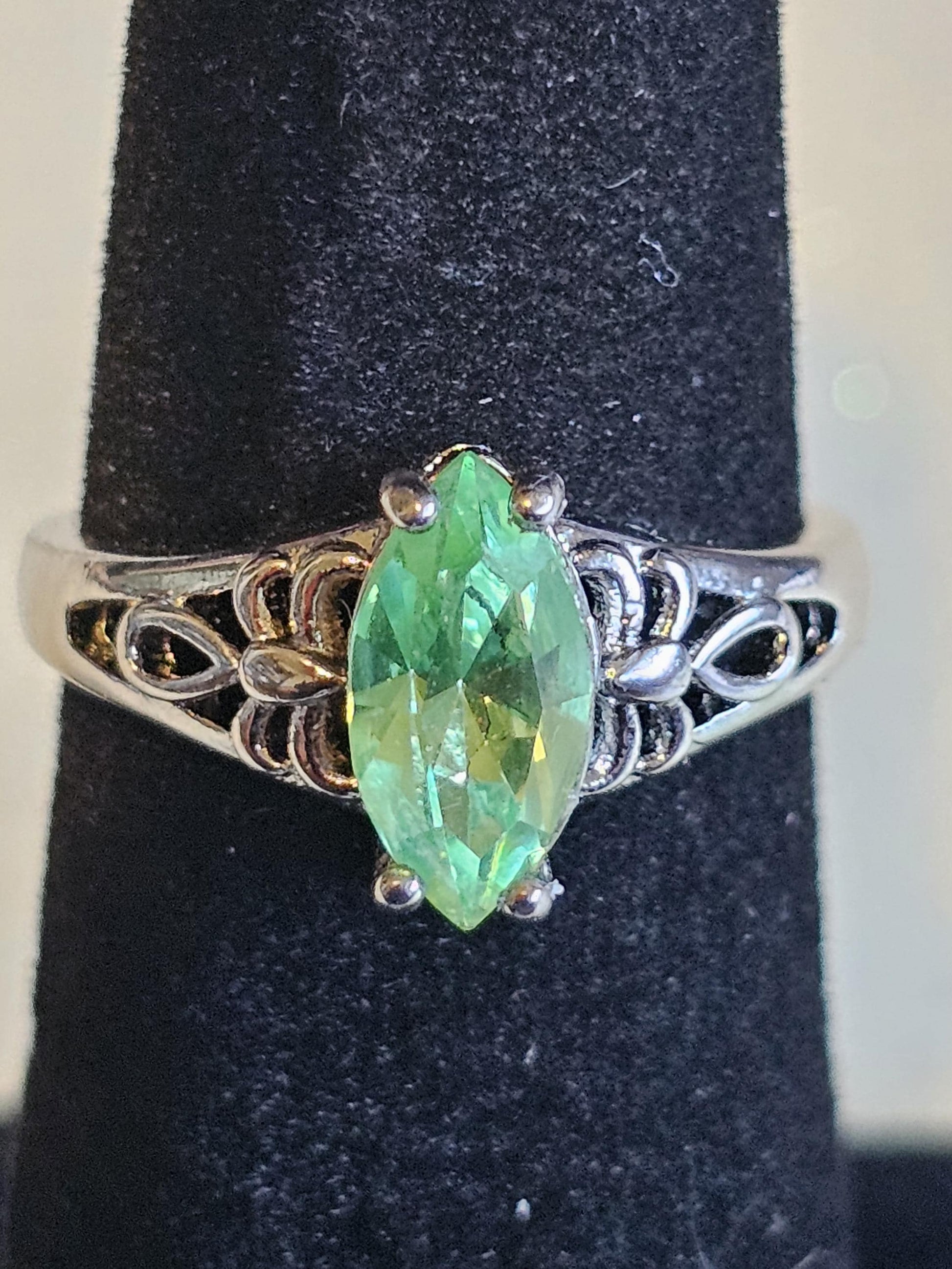 Uranium Glass Marquise cut Ring Size 5 scorpion pattern Sterling Silver with a vintage Uranium glass stone that glows under black/UV light