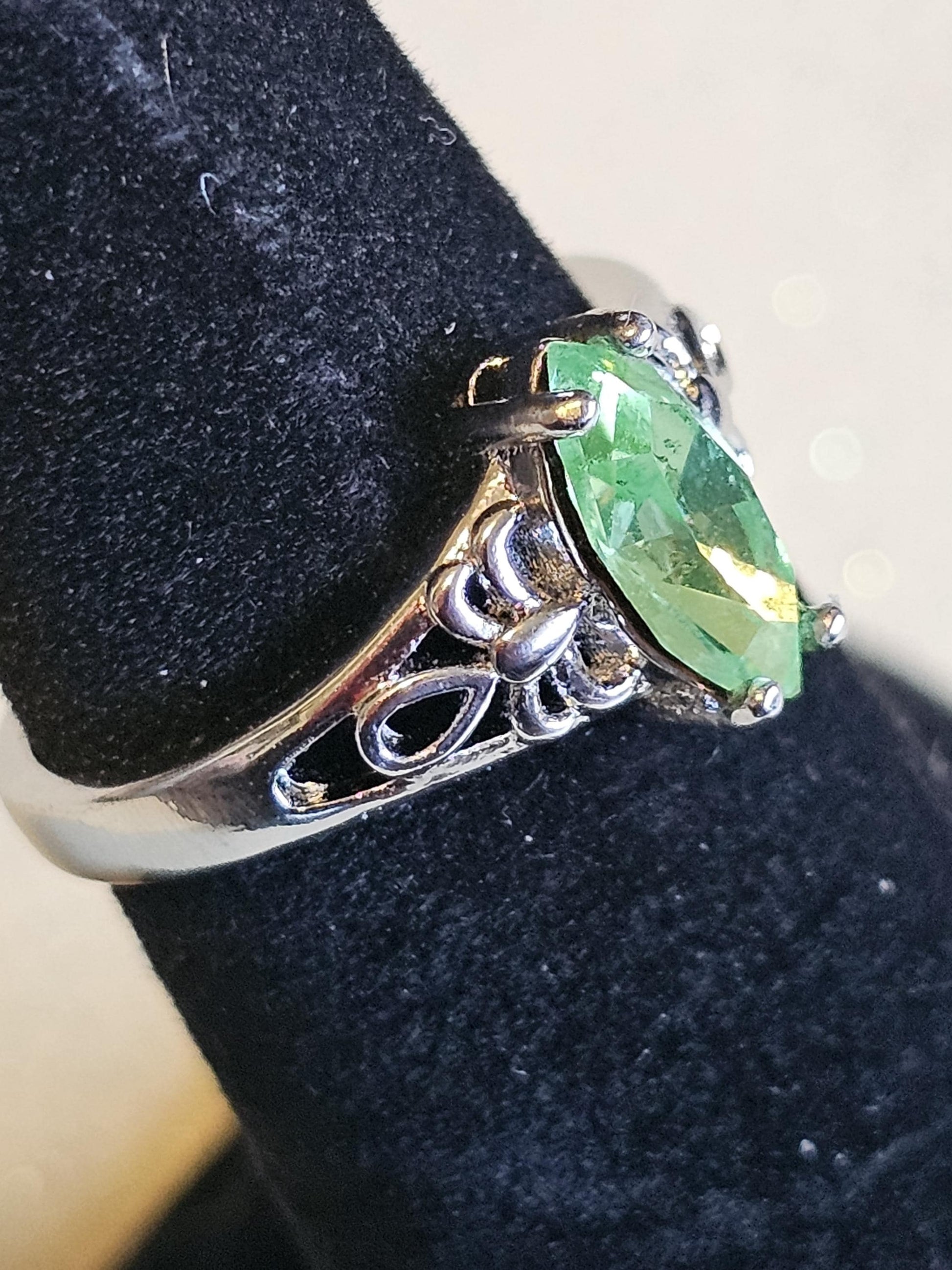 Uranium Glass Marquise cut Ring Size 5 scorpion pattern Sterling Silver with a vintage Uranium glass stone that glows under black/UV light