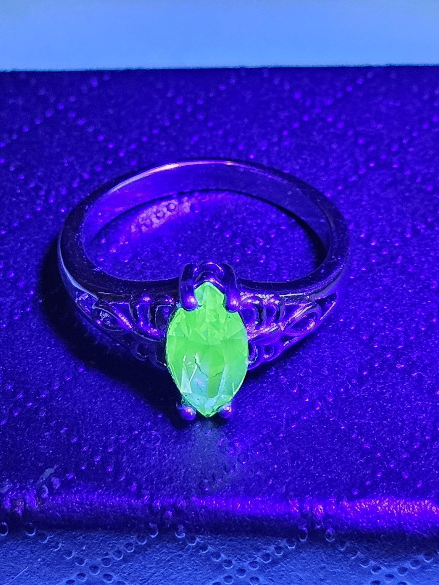 Uranium Glass Marquise cut Ring Size 5 scorpion pattern Sterling Silver with a vintage Uranium glass stone that glows under black/UV light