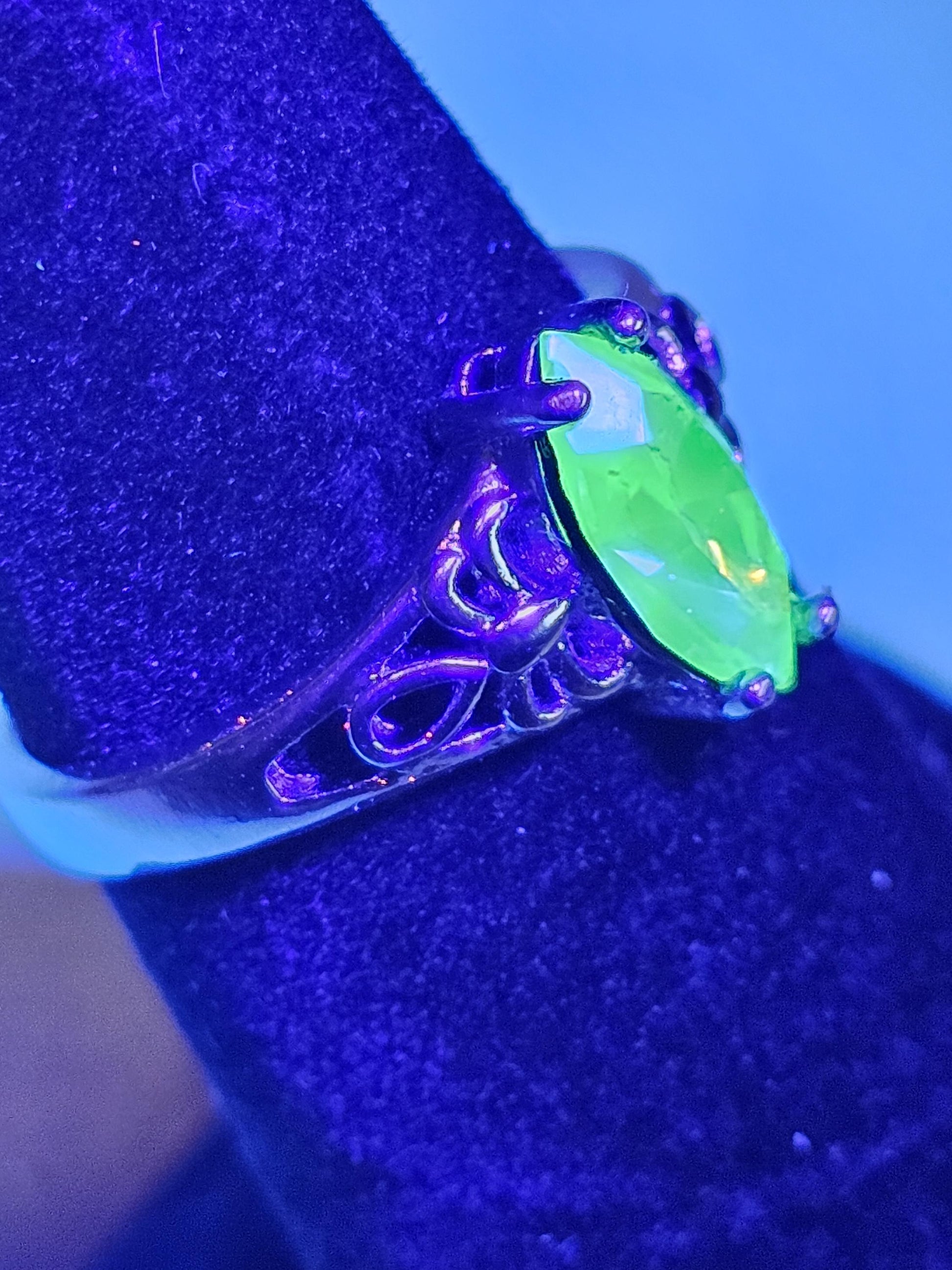 Uranium Glass Marquise cut Ring Size 5 scorpion pattern Sterling Silver with a vintage Uranium glass stone that glows under black/UV light
