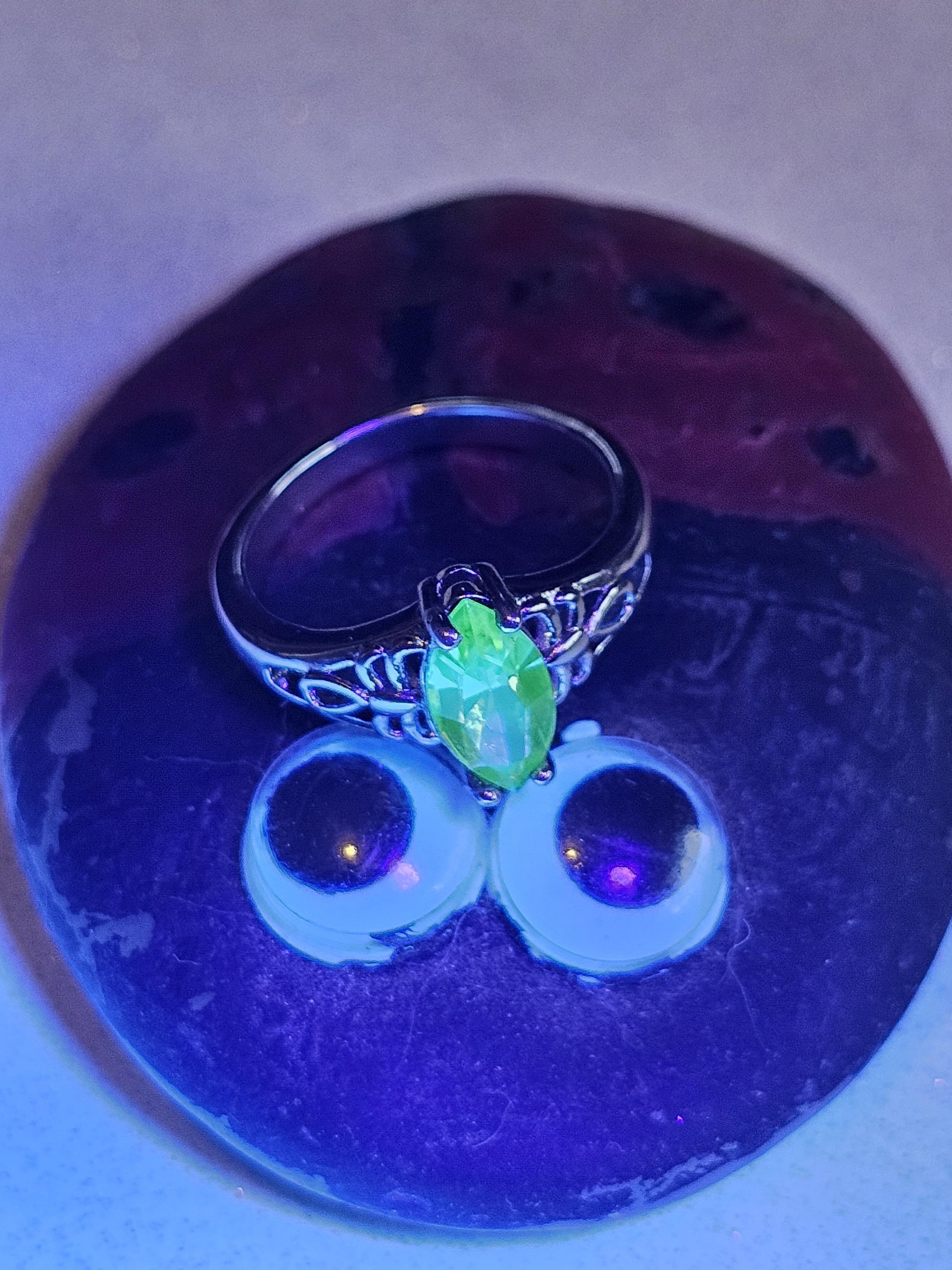 Uranium Glass Marquise cut Ring Size 5 scorpion pattern Sterling Silver with a vintage Uranium glass stone that glows under black/UV light