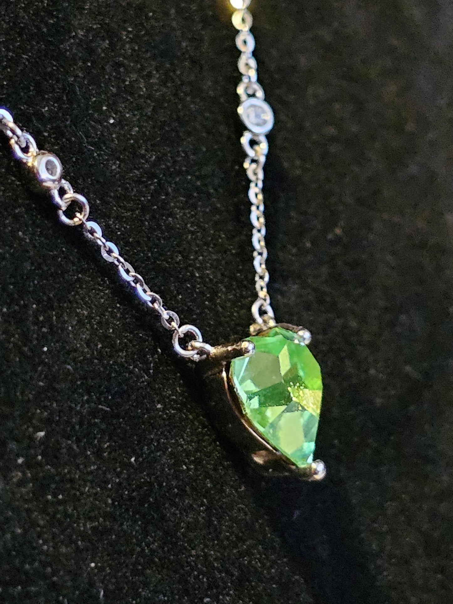 Uranium Glass Pendant w/ necklace, new Sterling Silver, with a vintage 8mm Heart cut Uranium glass stone that glows under black/UV light