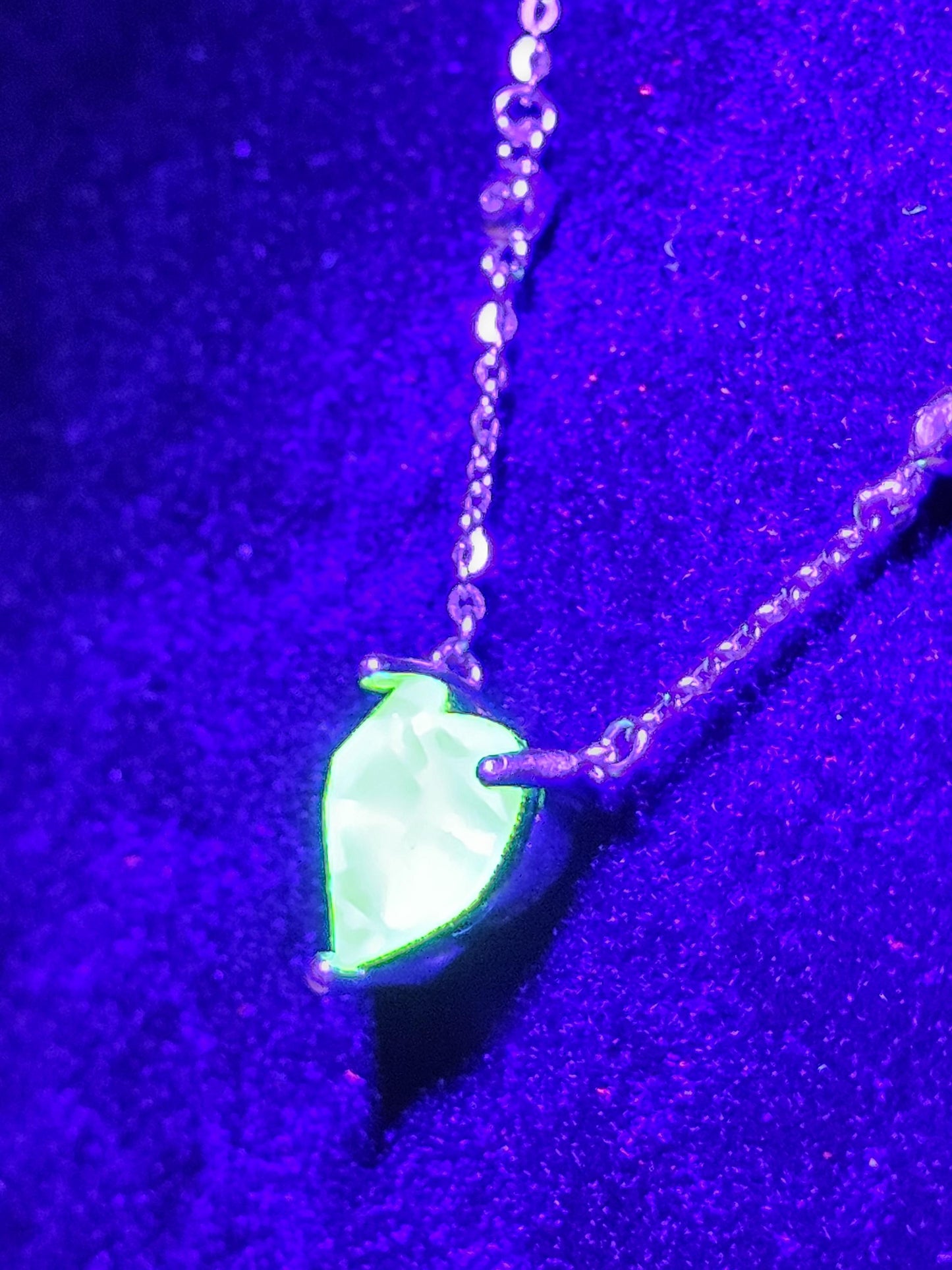 Uranium Glass Pendant w/ necklace, new Sterling Silver, with a vintage 8mm Heart cut Uranium glass stone that glows under black/UV light