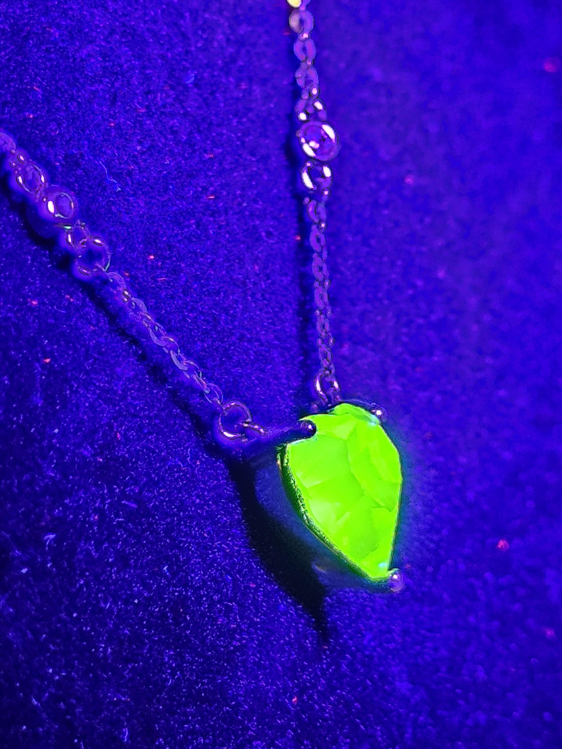 Uranium Glass Pendant w/ necklace, new Sterling Silver, with a vintage 8mm Heart cut Uranium glass stone that glows under black/UV light