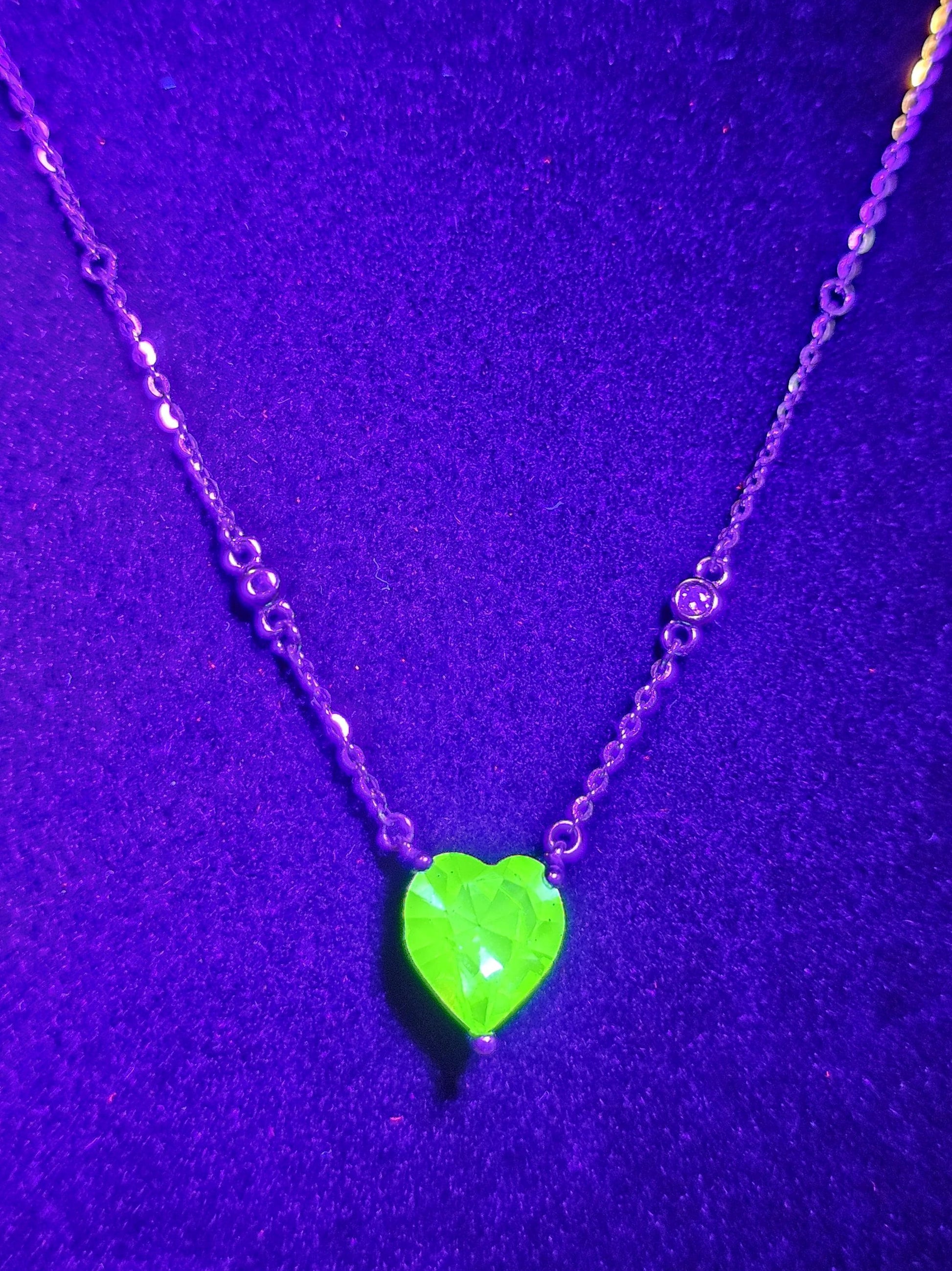 Uranium Glass Pendant w/ necklace, new Sterling Silver, with a vintage 8mm Heart cut Uranium glass stone that glows under black/UV light