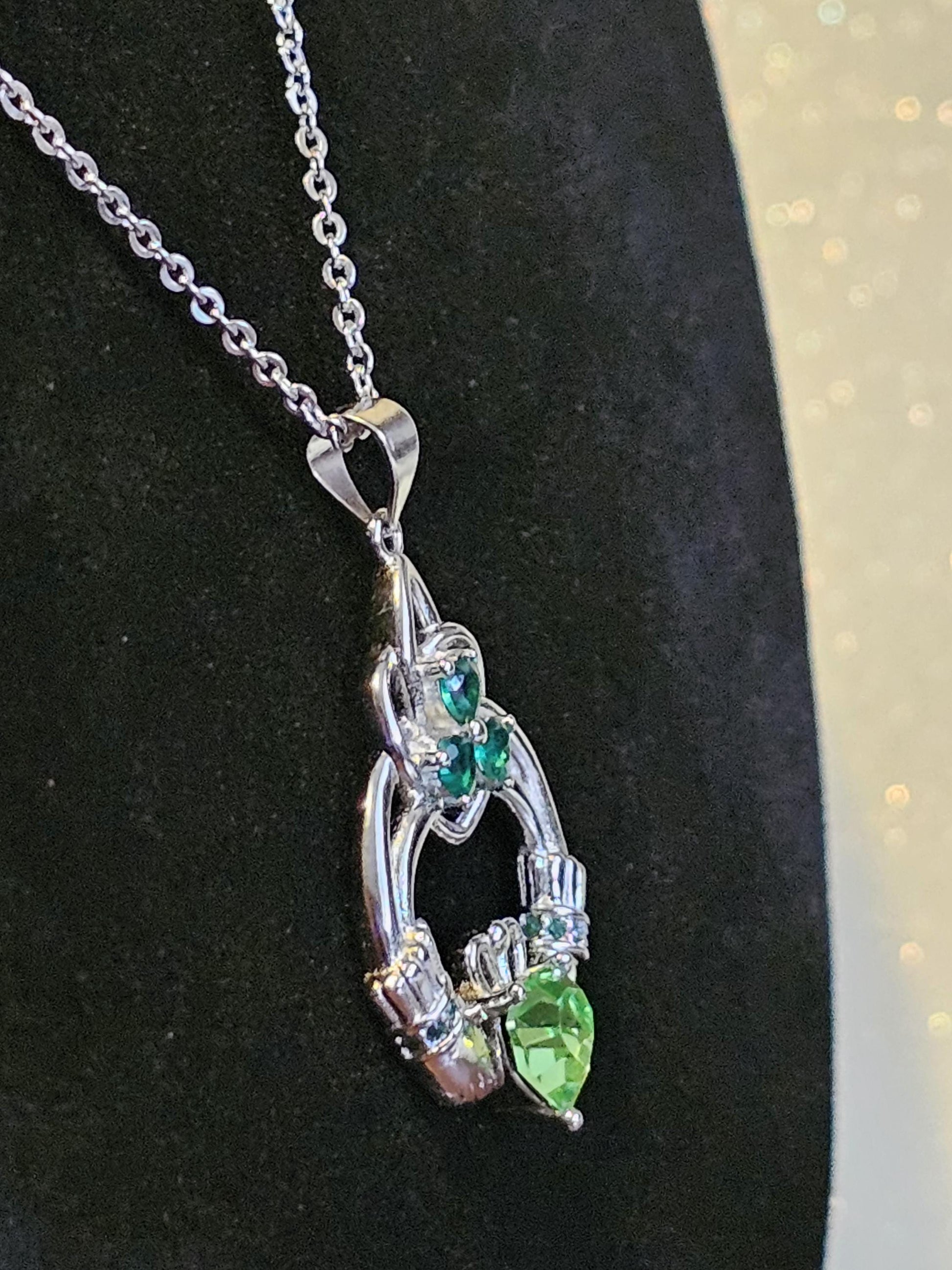 Uranium Glass Pendant with Necklace Claddagh style new Sterling Silver with vintage 6mm Uranium glass stone that glows under black/UV light