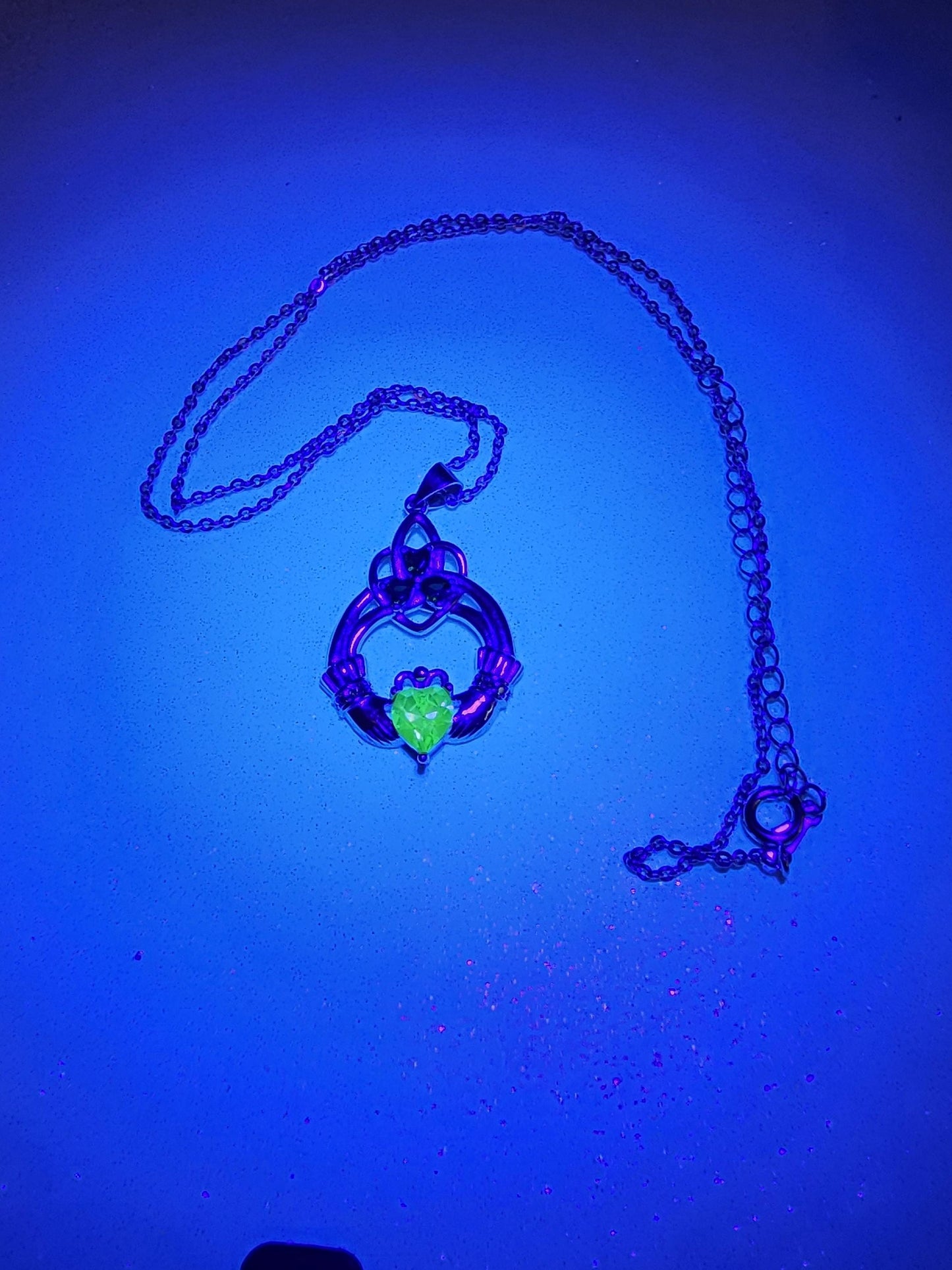 Uranium Glass Pendant with Necklace Claddagh style new Sterling Silver with vintage 6mm Uranium glass stone that glows under black/UV light