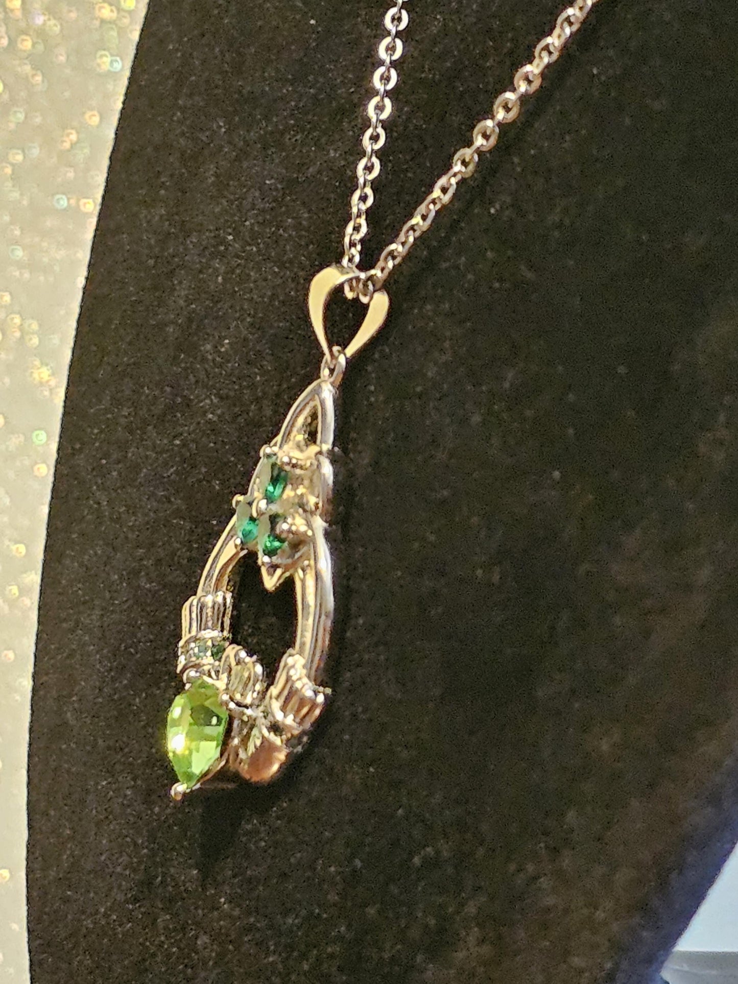 Uranium Glass Pendant with Necklace Claddagh style new Sterling Silver with vintage 6mm Uranium glass stone that glows under black/UV light