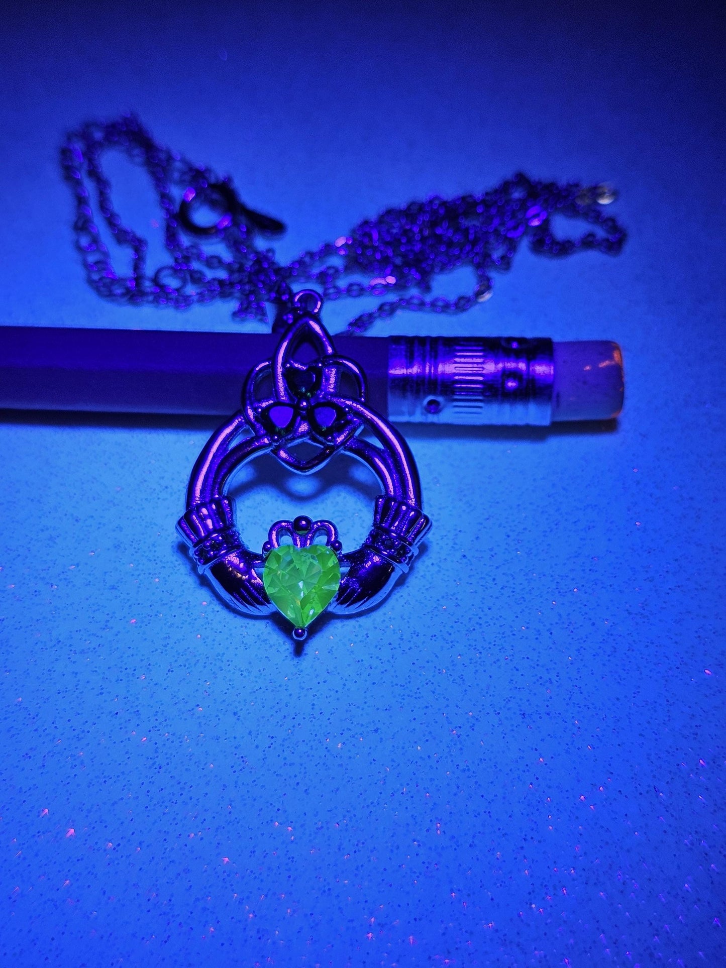 Uranium Glass Pendant with Necklace Claddagh style new Sterling Silver with vintage 6mm Uranium glass stone that glows under black/UV light