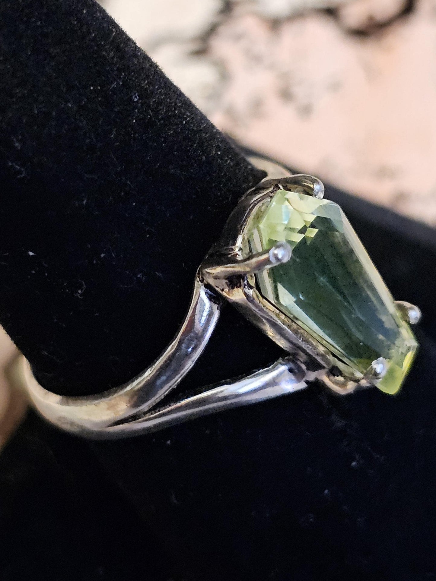 Uranium Glass Coffin cut Split Shank Ring size 4 through 10.5 in Sterling Silver with Uranium glass stone that glows under black / UV light