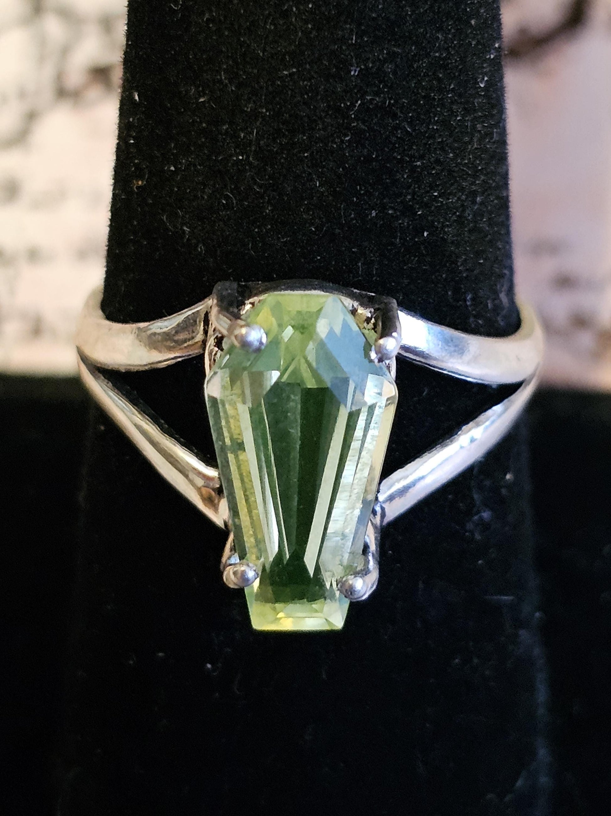 Uranium Glass Coffin cut Split Shank Ring size 4 through 10.5 in Sterling Silver with Uranium glass stone that glows under black / UV light