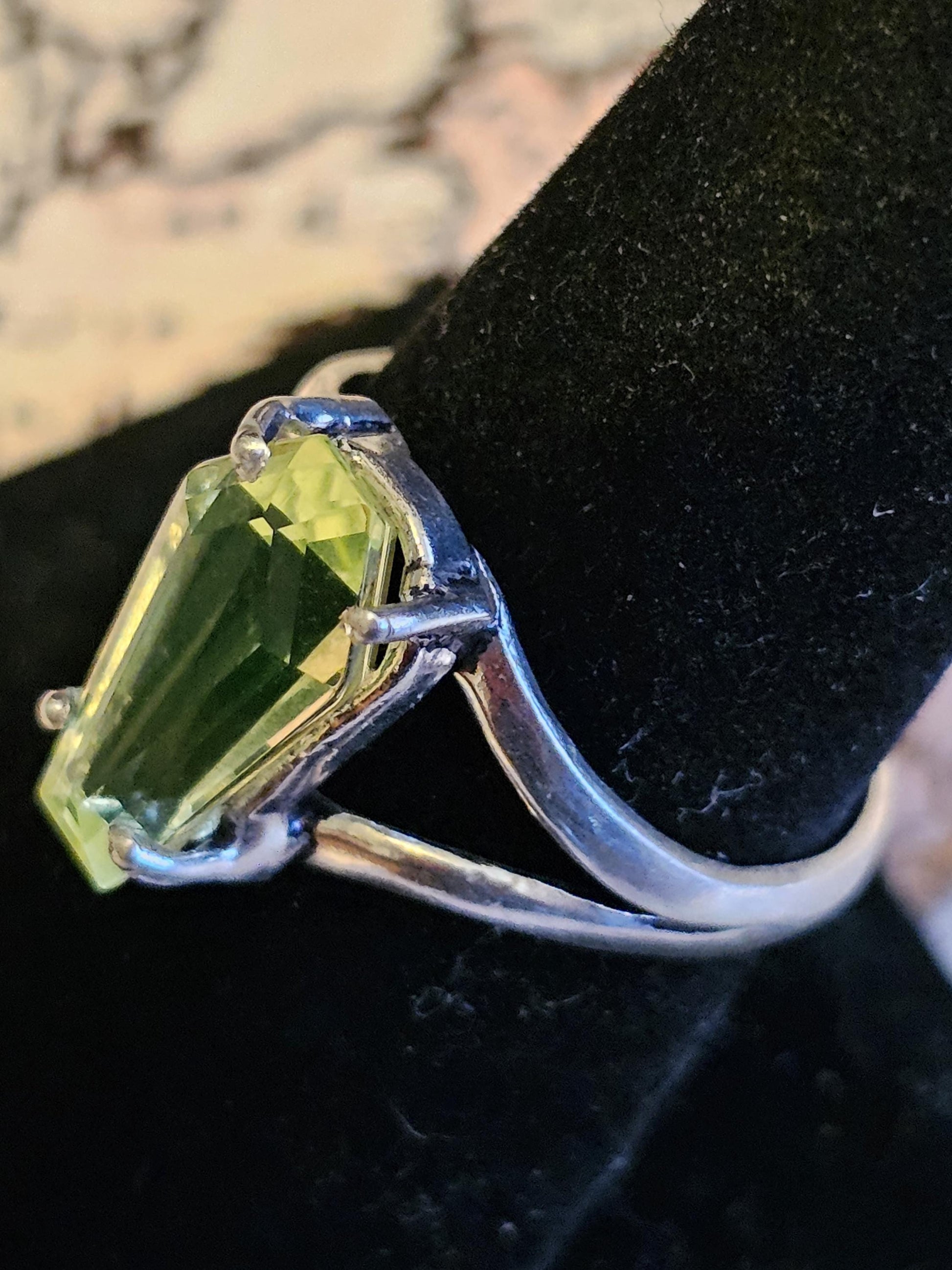 Uranium Glass Coffin cut Split Shank Ring size 4 through 10.5 in Sterling Silver with Uranium glass stone that glows under black / UV light