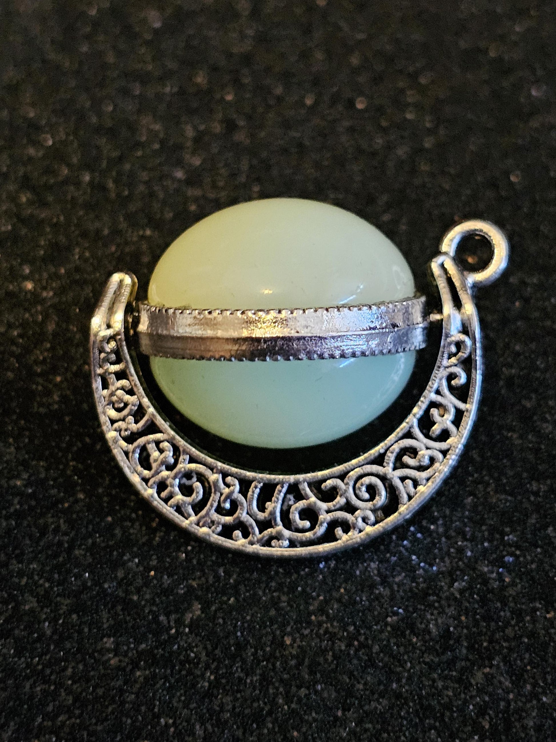 Uranium Glass "Moon" Pendant new Zinc alloy with two vintage 18 mm round cut Uranium Glass Cabochon stones that glow under black / UV light