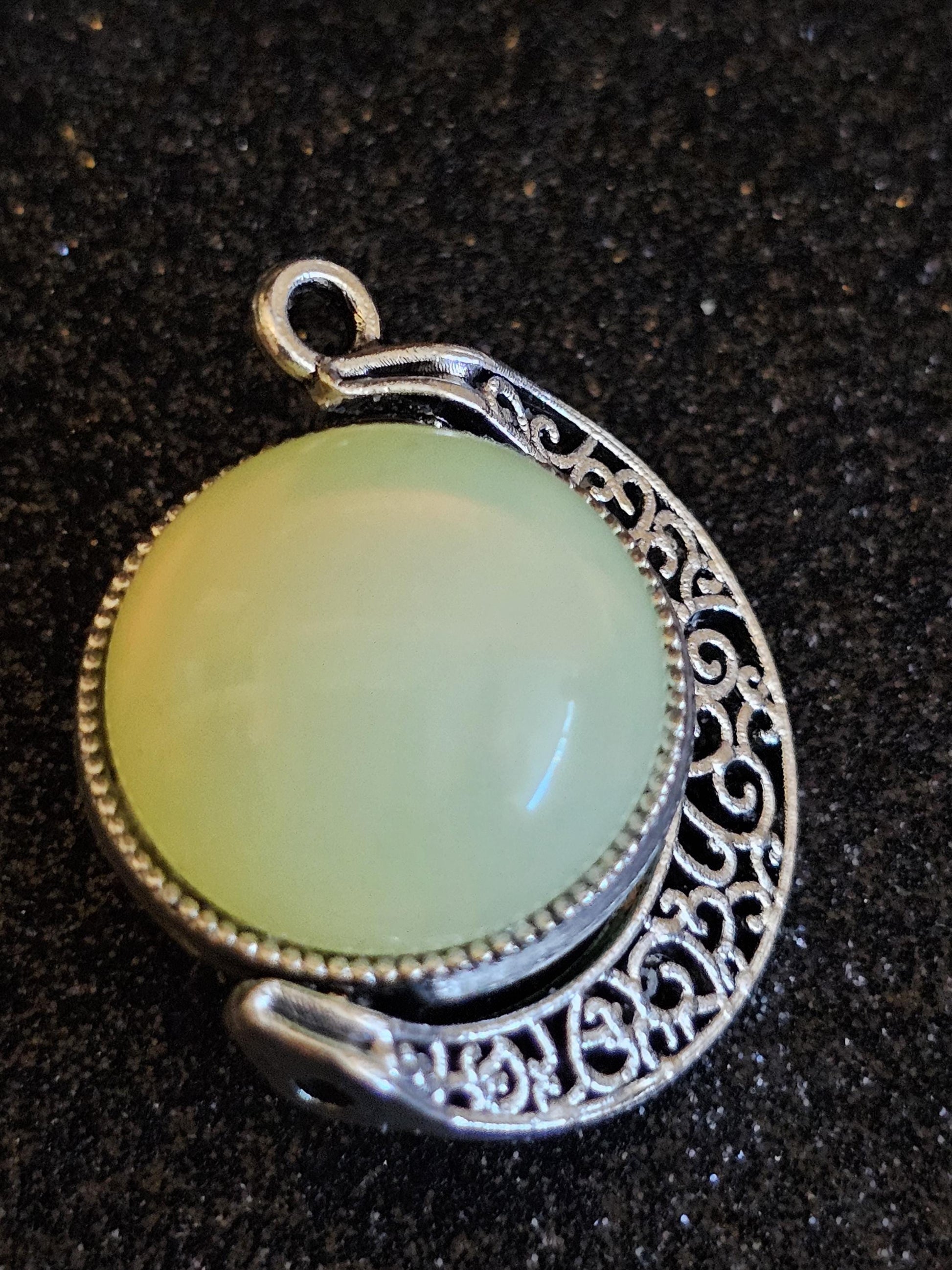 Uranium Glass "Moon" Pendant new Zinc alloy with two vintage 18 mm round cut Uranium Glass Cabochon stones that glow under black / UV light