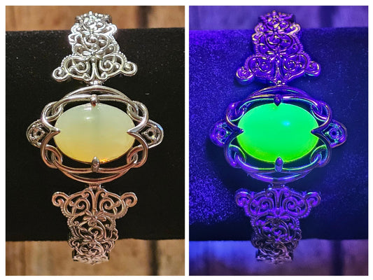 Uranium Glass Bracelet new Sterling Silver with vintage Uranium glass Oval cut stone opal color 18x13 mm that glows under black / UV light