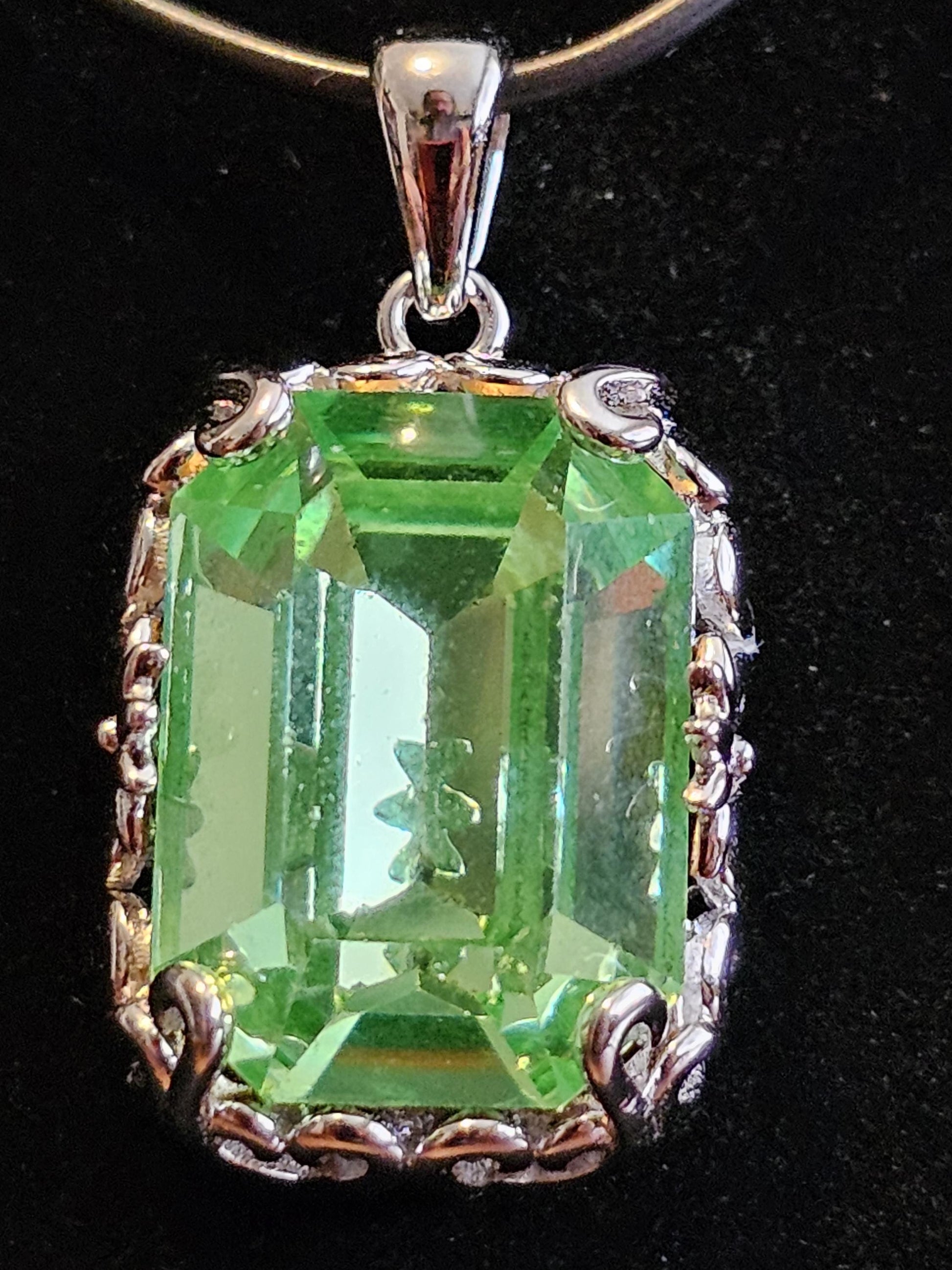Uranium Glass Pendant Art Deco new Sterling Silver with a large vintage Emerald cut 18x13 mm Uranium Glass stone glows under black/UV light