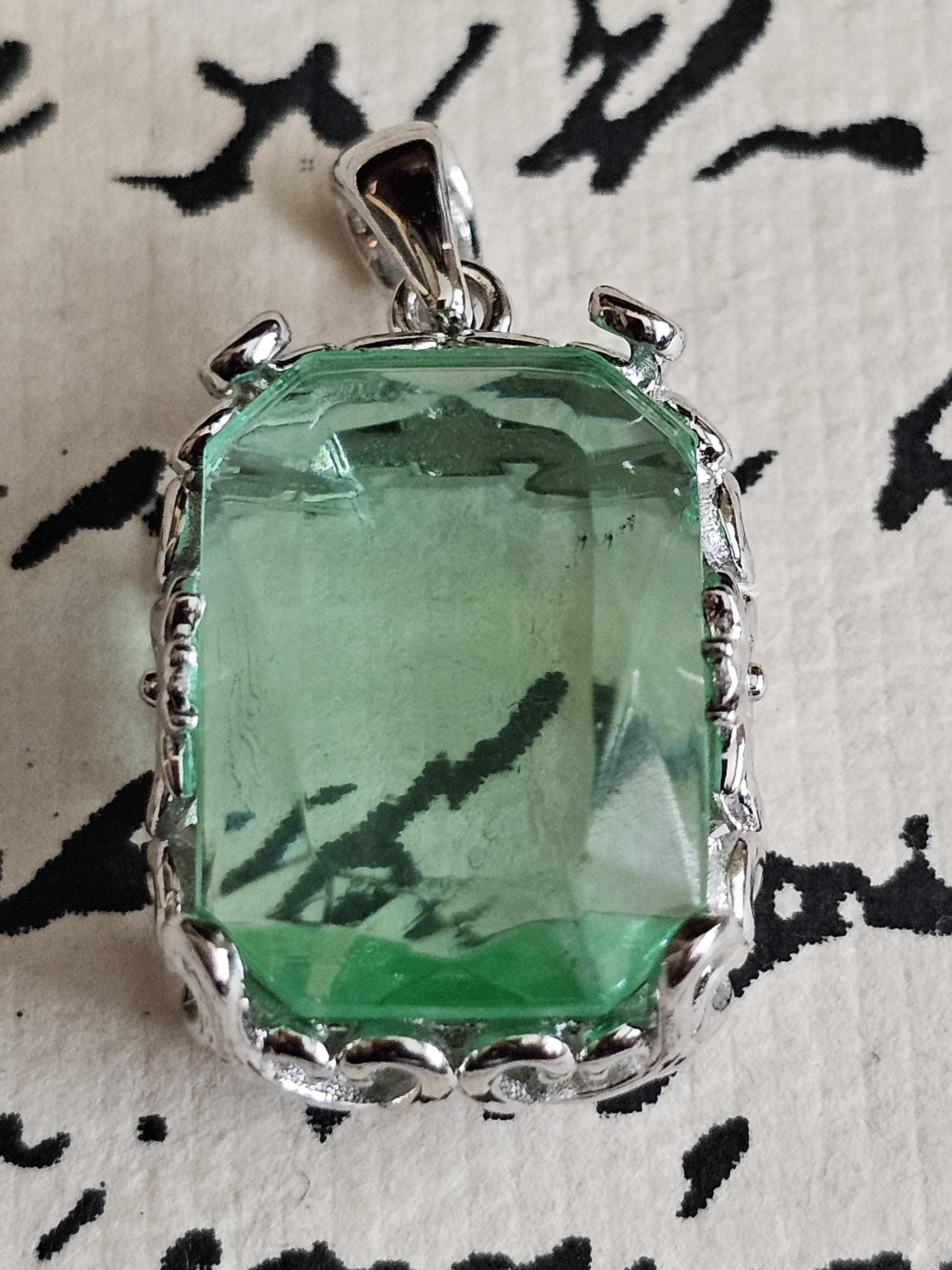 Uranium Glass Pendant Art Deco new Sterling Silver with a large vintage Emerald cut 18x13 mm Uranium Glass stone glows under black/UV light