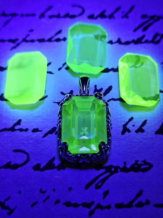 Uranium Glass Pendant Art Deco new Sterling Silver with a large vintage Emerald cut 18x13 mm Uranium Glass stone glows under black/UV light