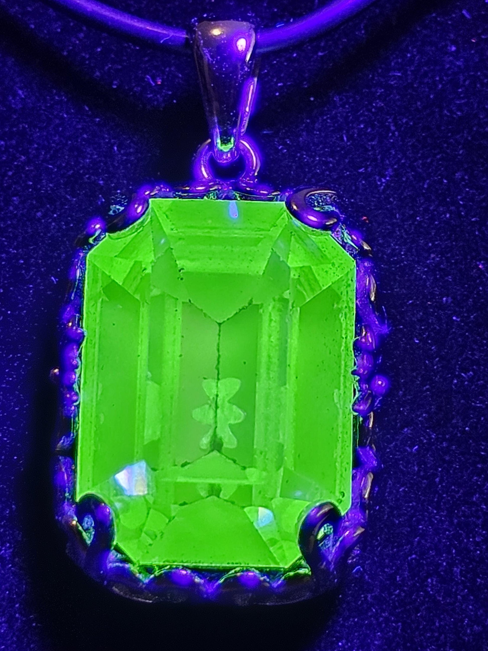 Uranium Glass Pendant Art Deco new Sterling Silver with a large vintage Emerald cut 18x13 mm Uranium Glass stone glows under black/UV light