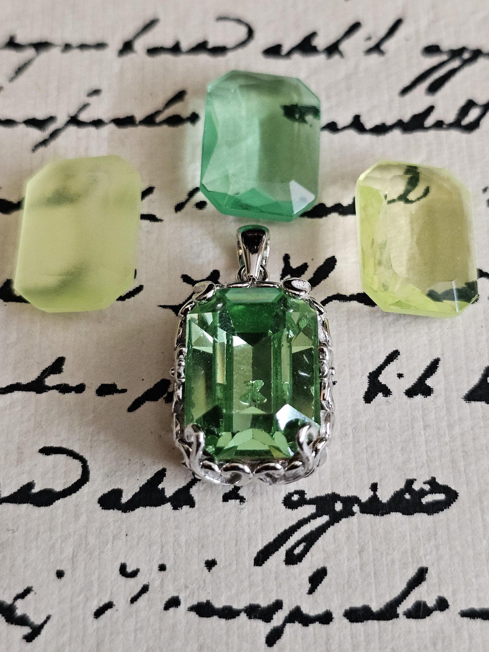 Uranium Glass Pendant Art Deco new Sterling Silver with a large vintage Emerald cut 18x13 mm Uranium Glass stone glows under black/UV light