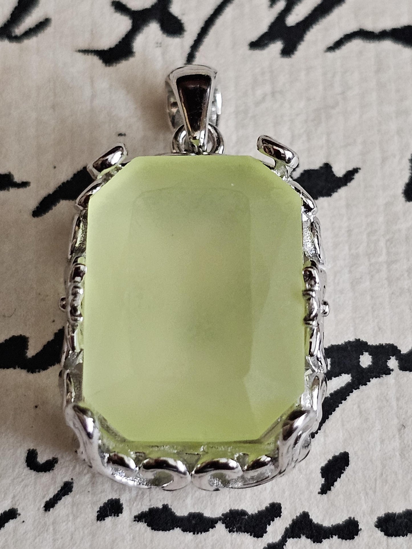 Uranium Glass Pendant Art Deco new Sterling Silver with a large vintage Emerald cut 18x13 mm Uranium Glass stone glows under black/UV light