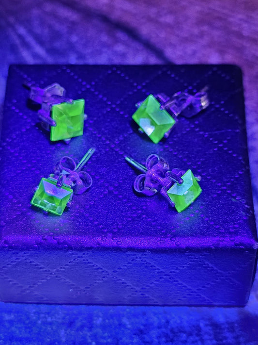 Uranium Glass Earrings in new Sterling Silver with Vintage Princess cut Uranium Glass stones, 6mm glows under black/UV light