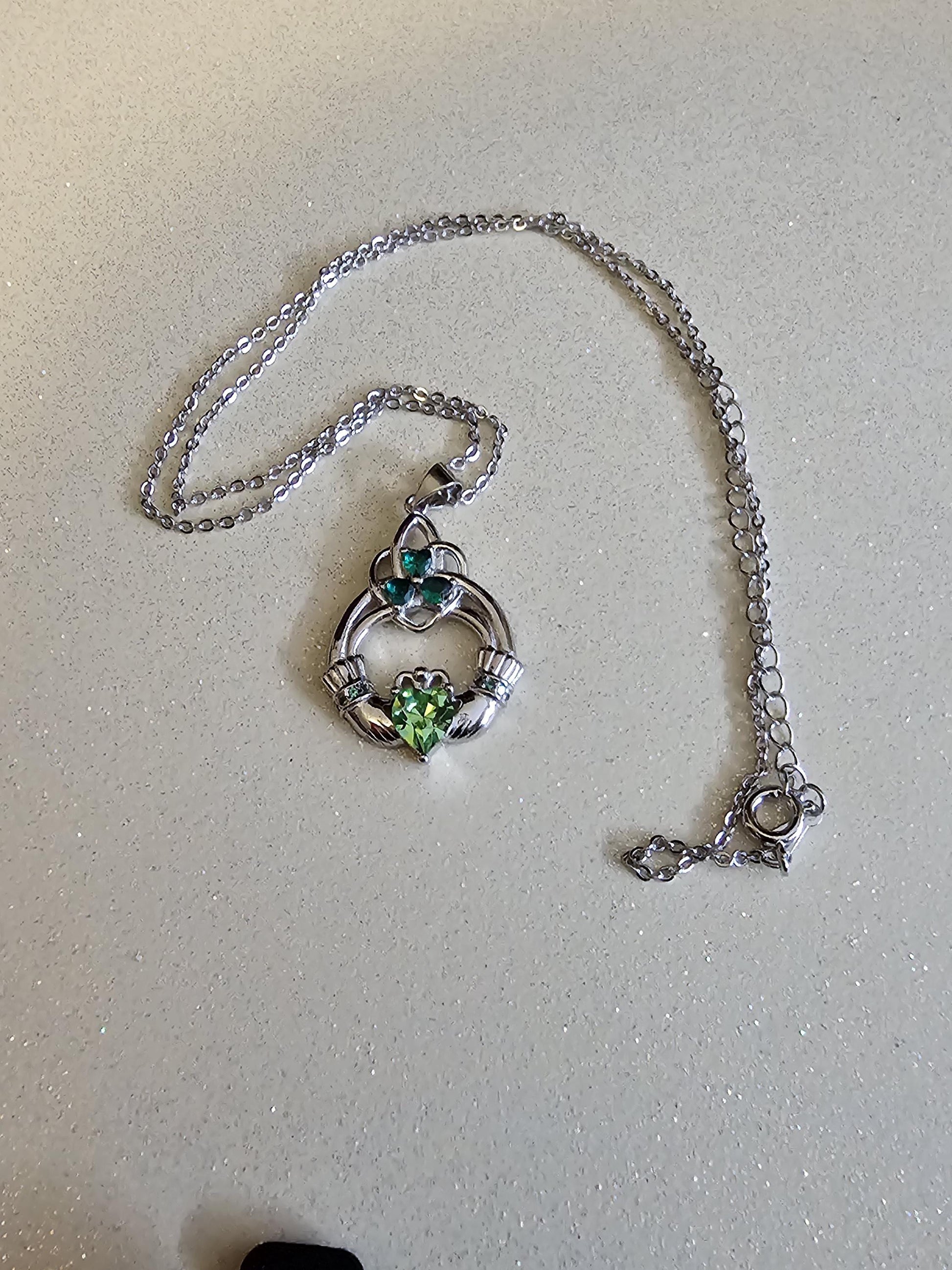 Uranium Glass Pendant with Necklace Claddagh style new Sterling Silver with vintage 6mm Uranium glass stone that glows under black/UV light