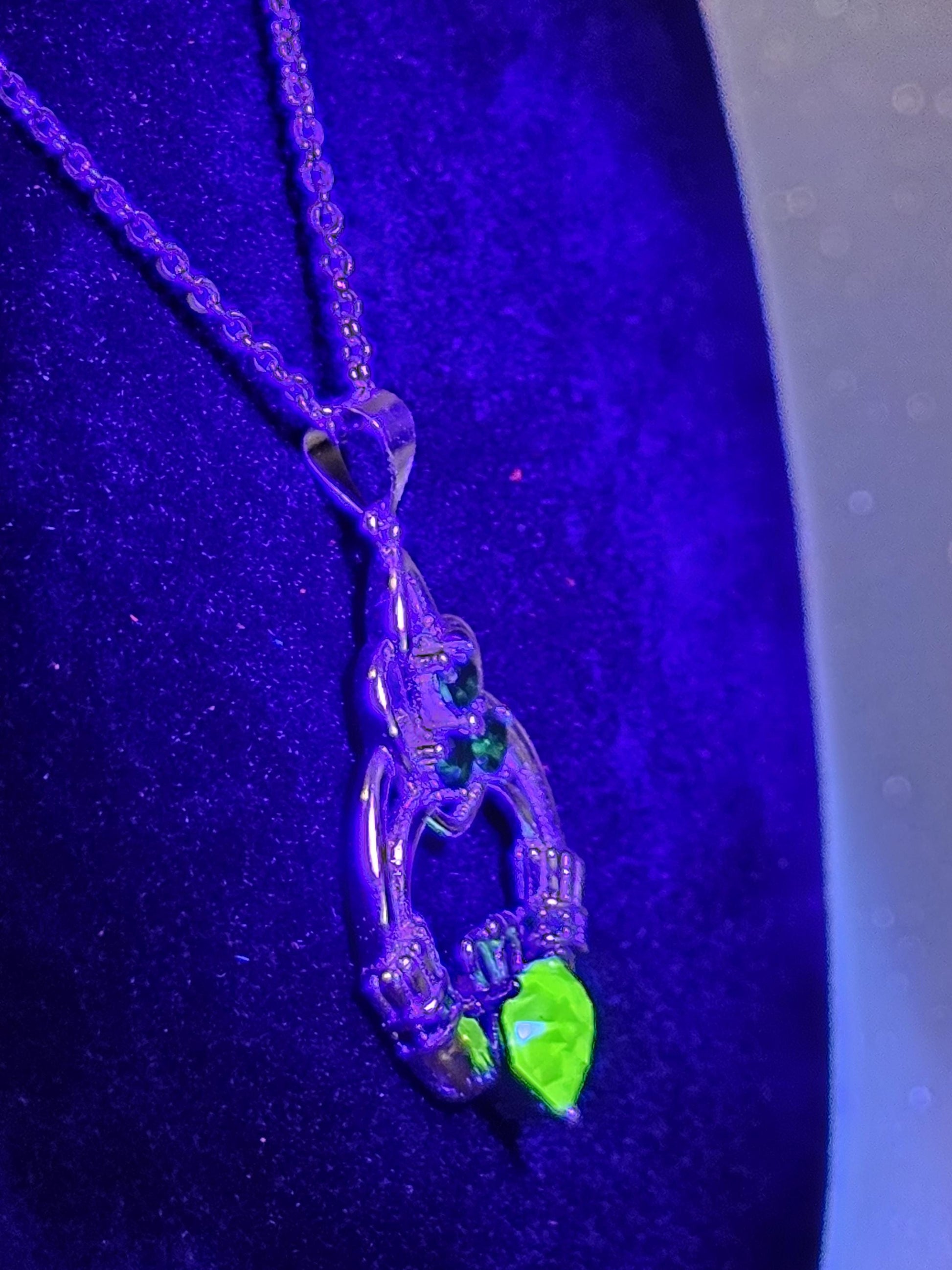 Uranium Glass Pendant with Necklace Claddagh style new Sterling Silver with vintage 6mm Uranium glass stone that glows under black/UV light