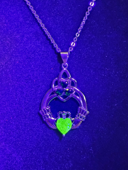 Uranium Glass Pendant with Necklace Claddagh style new Sterling Silver with vintage 6mm Uranium glass stone that glows under black/UV light