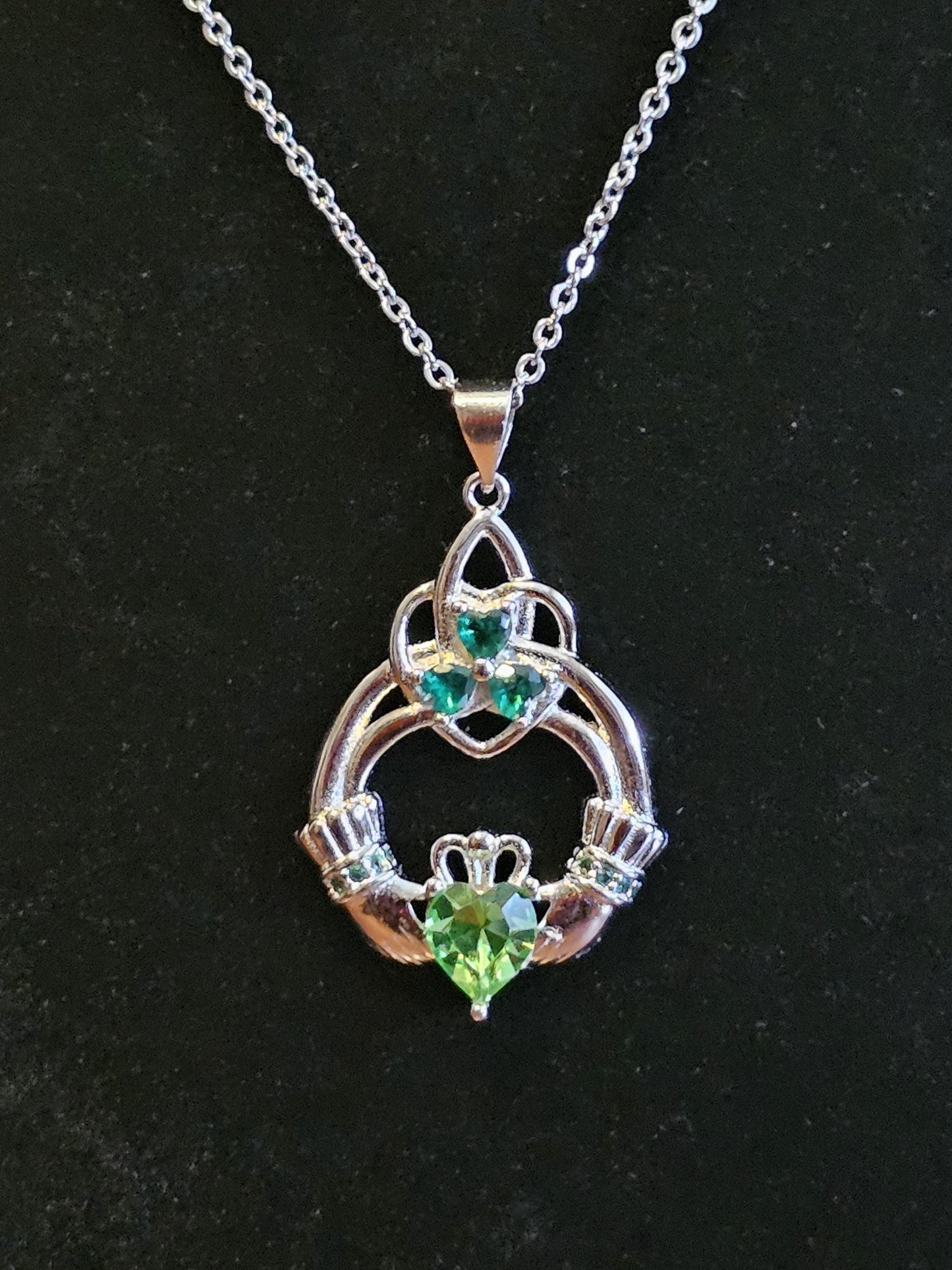 Uranium Glass Pendant with Necklace Claddagh style new Sterling Silver with vintage 6mm Uranium glass stone that glows under black/UV light