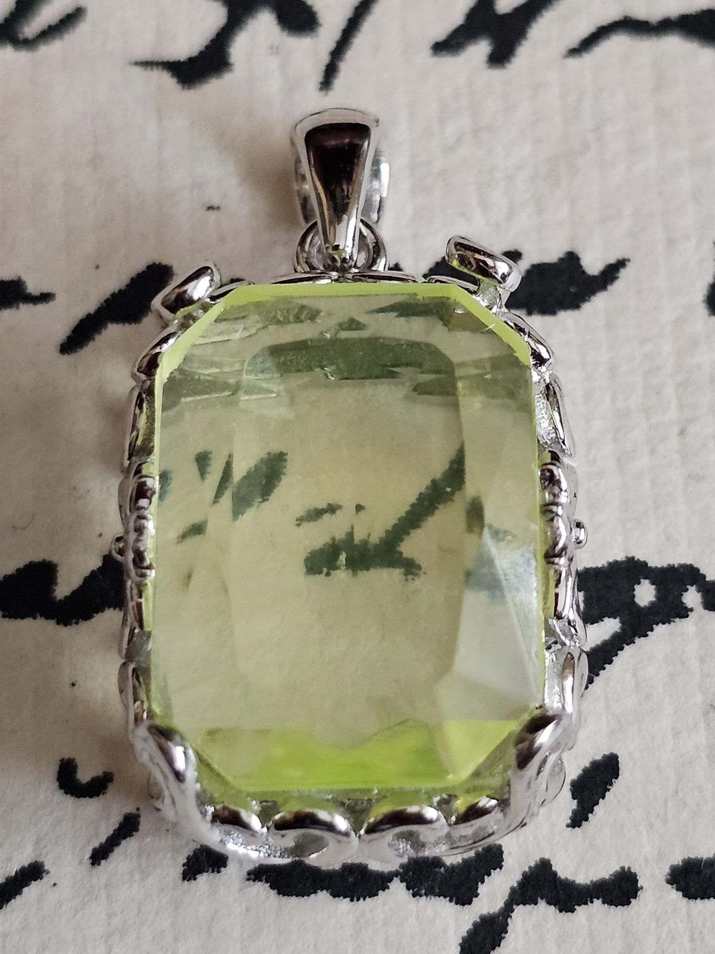 Uranium Glass Pendant Art Deco new Sterling Silver with a large vintage Emerald cut 18x13 mm Uranium Glass stone glows under black/UV light