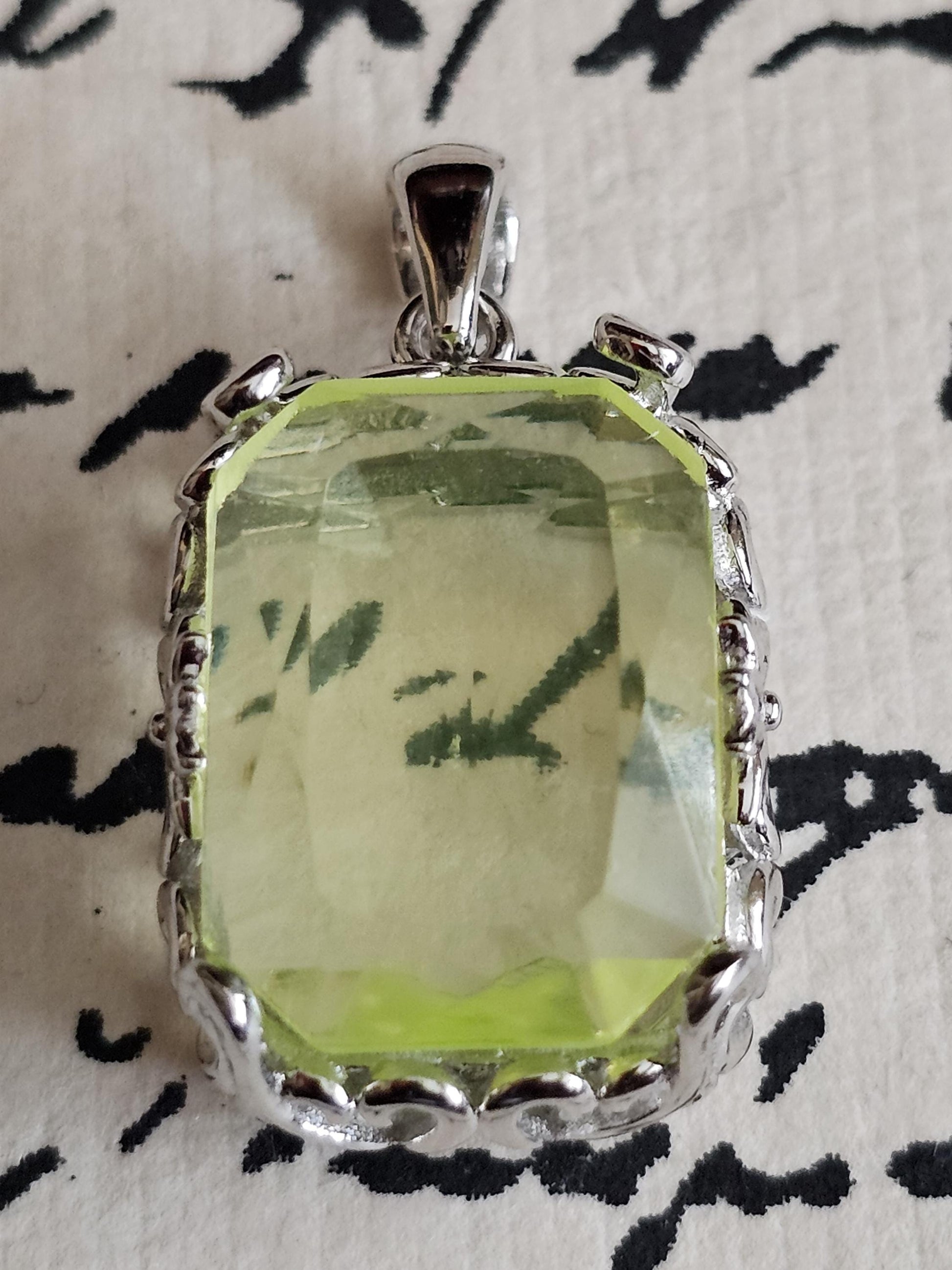 Uranium Glass Pendant Art Deco new Sterling Silver with a large vintage Emerald cut 18x13 mm Uranium Glass stone glows under black/UV light