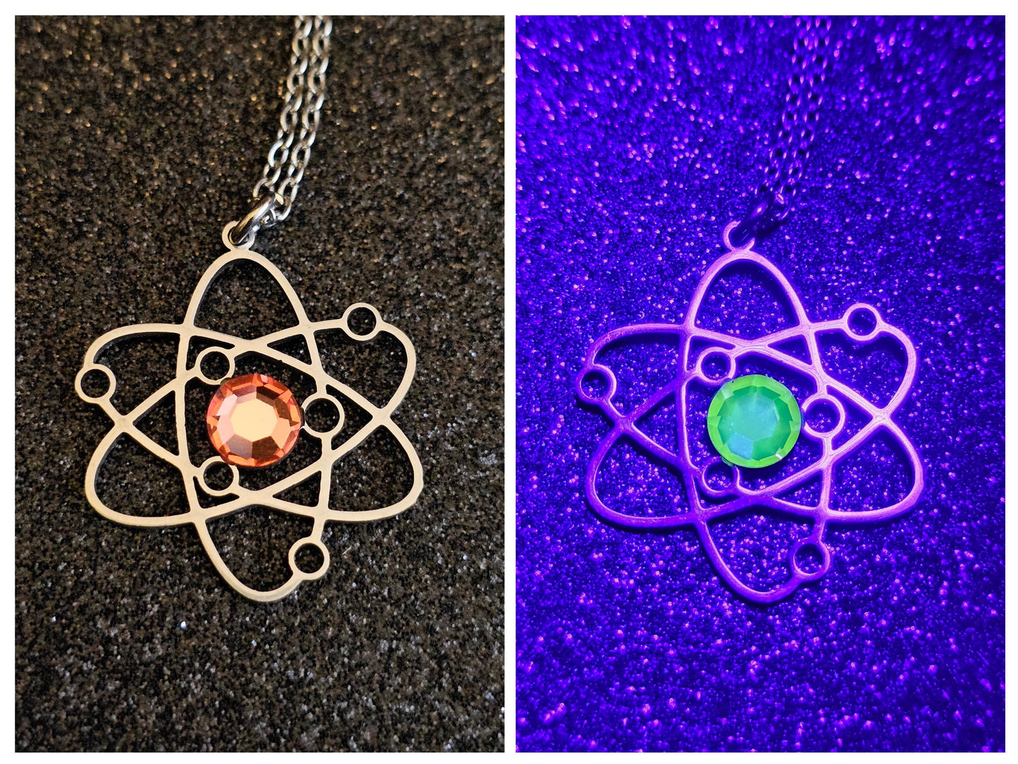 Uranium Glass Pendant in Stainless Steel setting with vintage 6 mm Round cut Cabochon Uranium Glass stone that glows under black / UV light