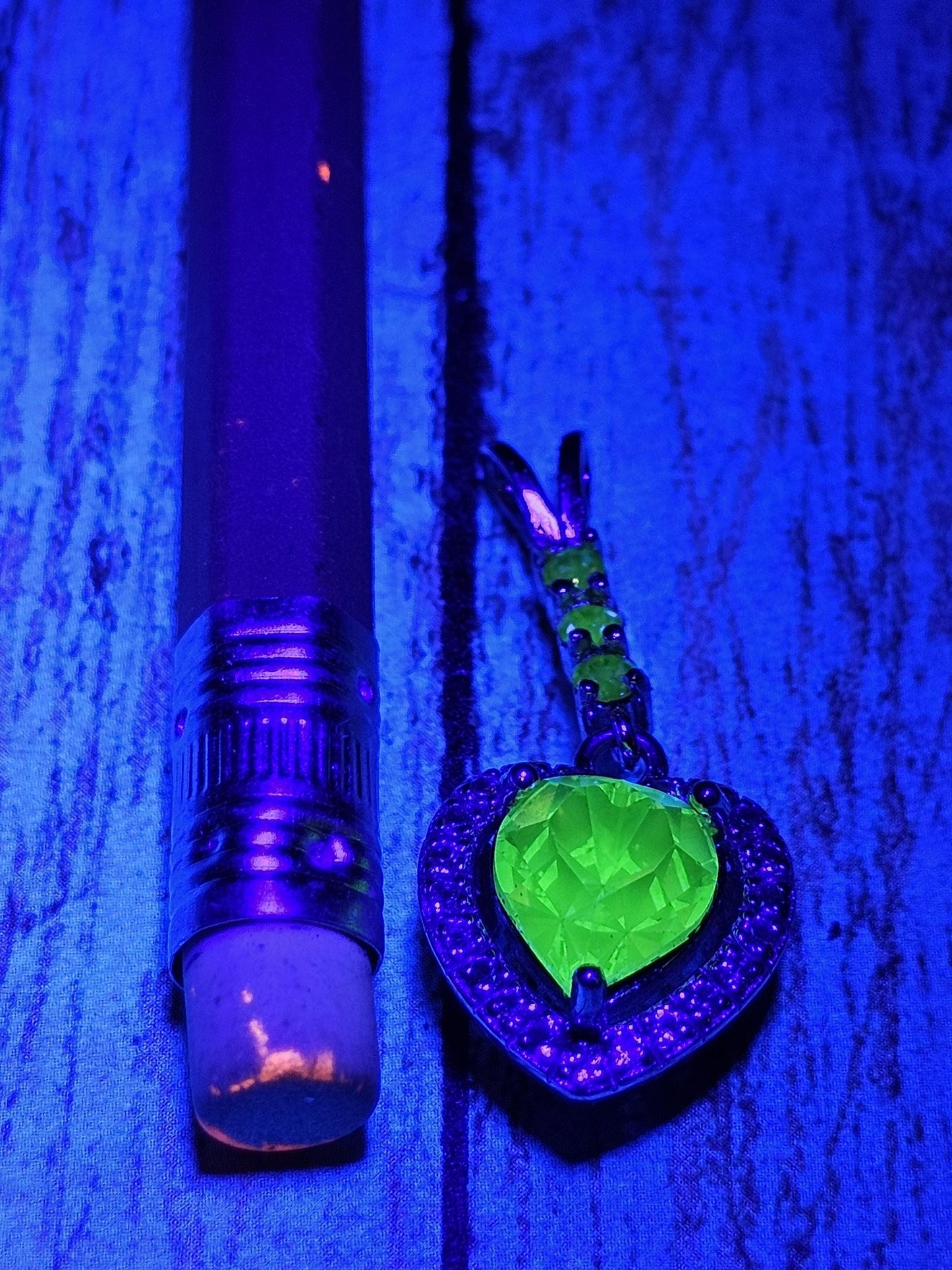 Uranium Glass Pendant in new Sterling Silver setting with 4 vintage Heart and Round cut Uranium Glass stones that glow under black/UV light