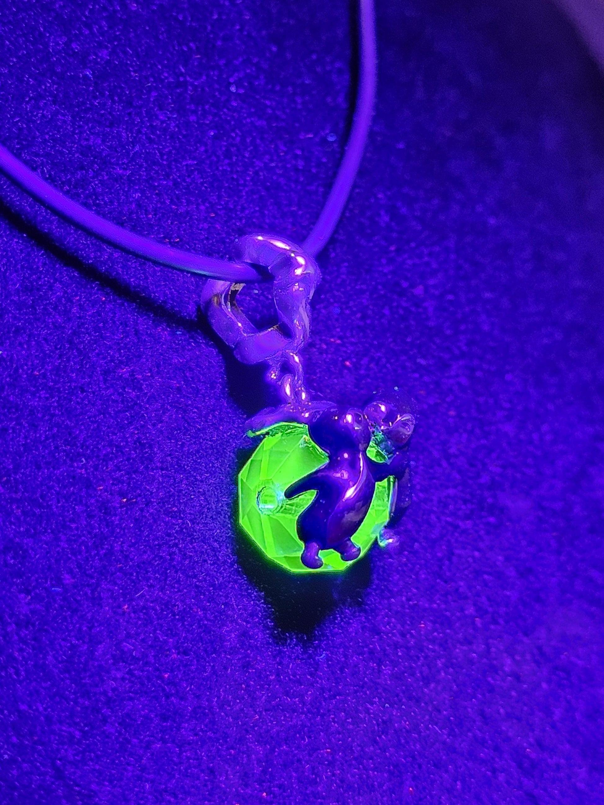 Uranium Glass Pendant in new Sterling Silver Kissing Penguins with a vintage Uranium Glass 10 mm bead that glows under black / UV light