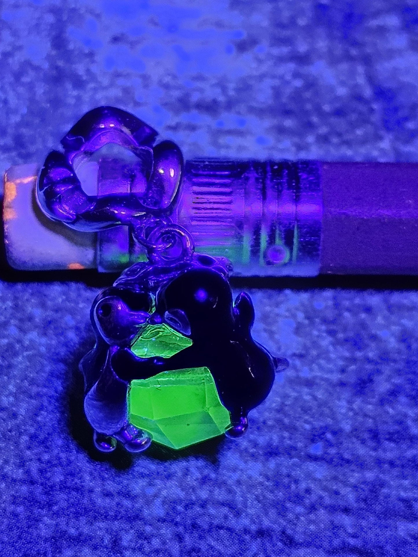 Uranium Glass Pendant in new Sterling Silver Kissing Penguins with a vintage Uranium Glass 10 mm bead that glows under black / UV light